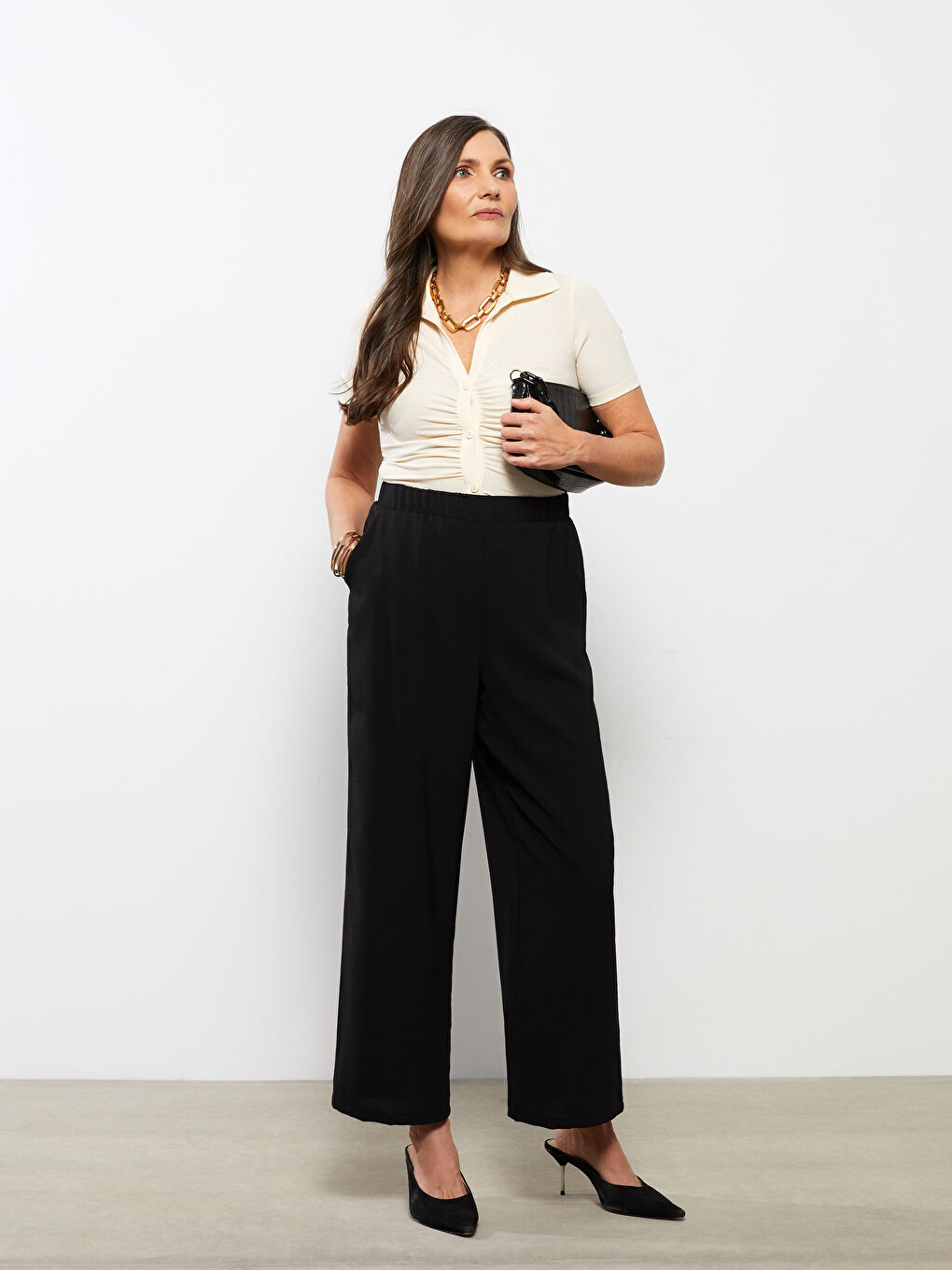 Elastic Waist Comfortable Fit Pocket Detailed Women's Trousers-2