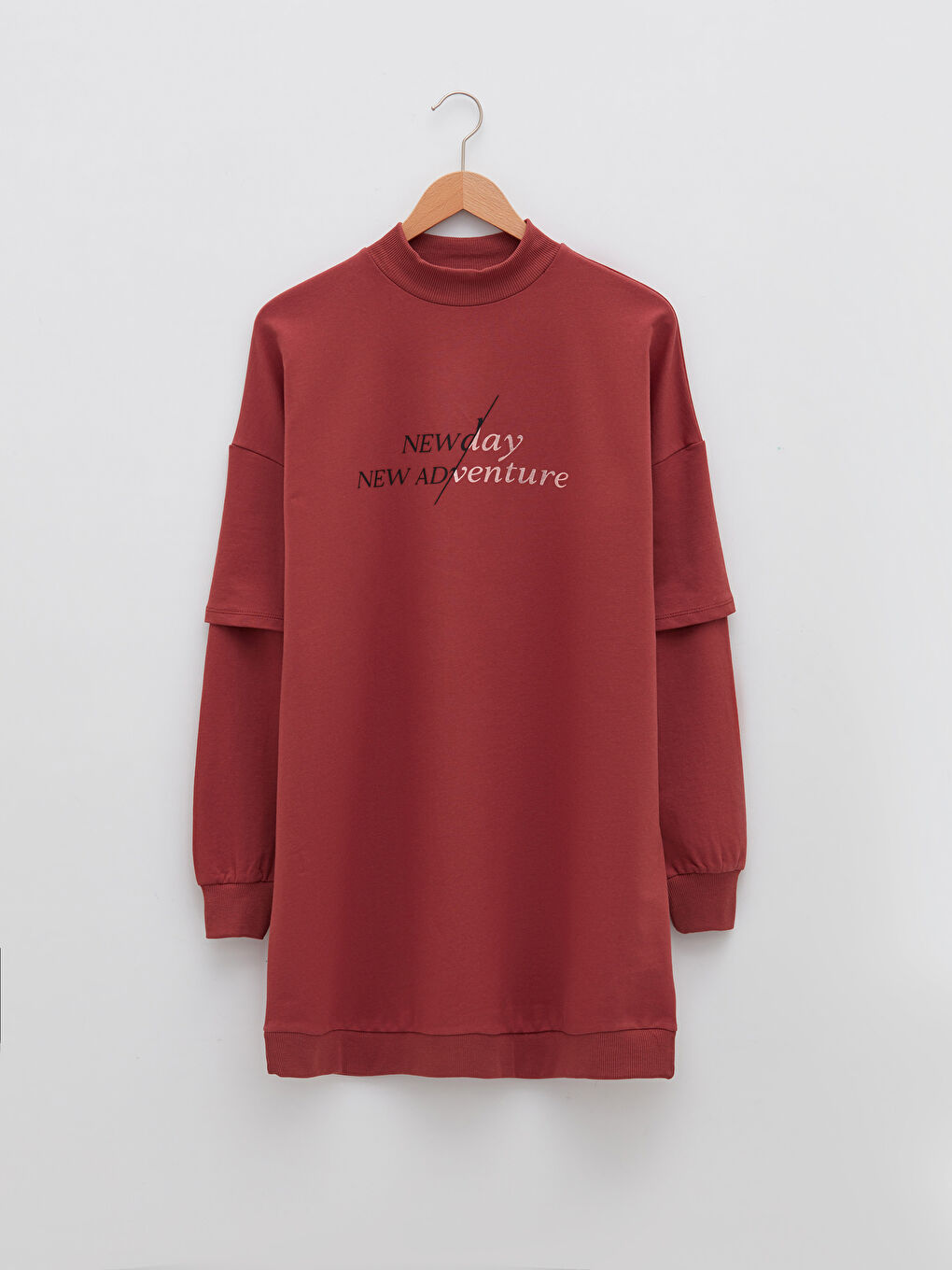 Kırmızı Dik Yaka Baskılı Uzun Kollu Oversize Kadın Sweatshirt Tunik-4