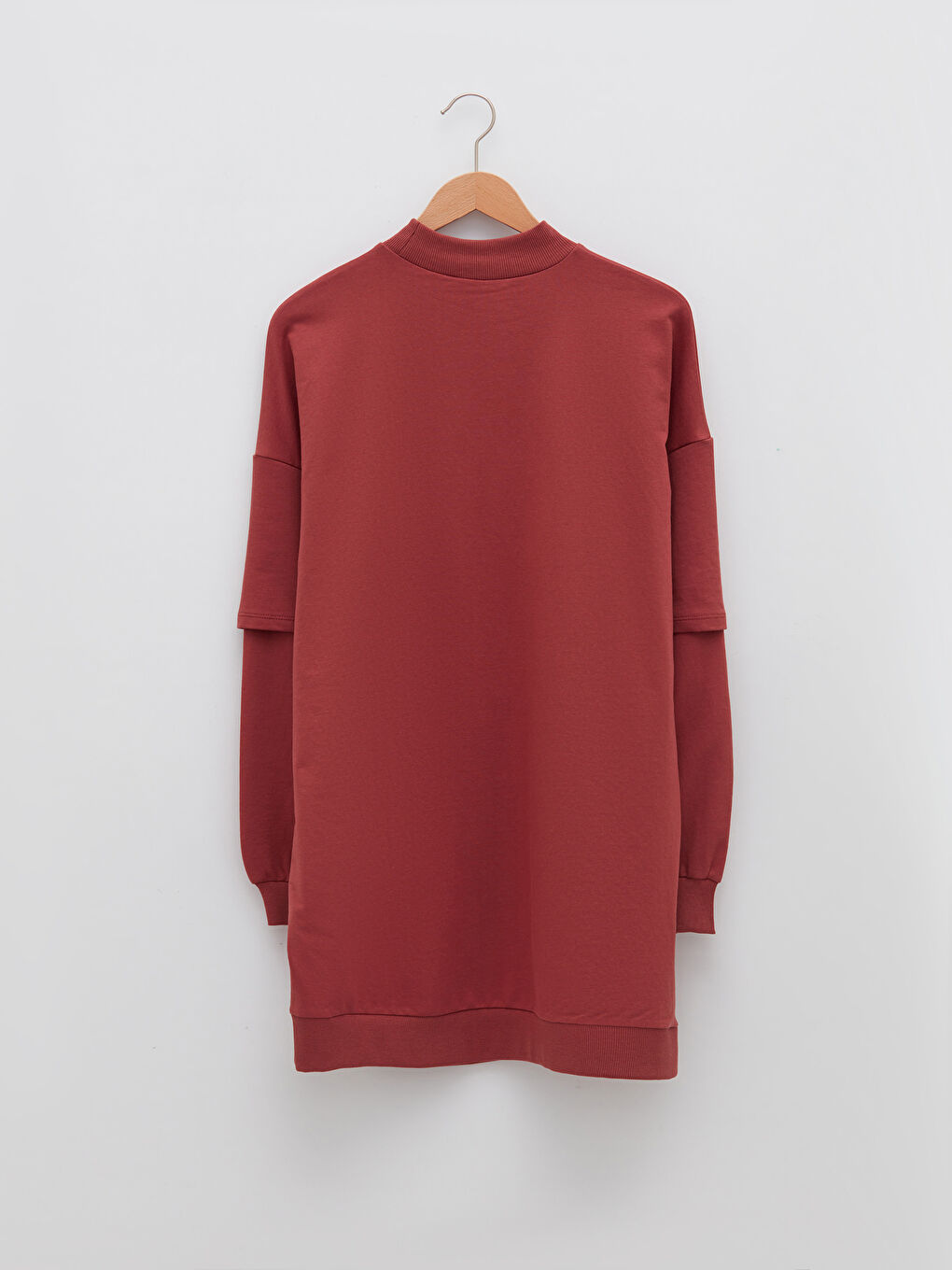 Kırmızı Dik Yaka Baskılı Uzun Kollu Oversize Kadın Sweatshirt Tunik-5