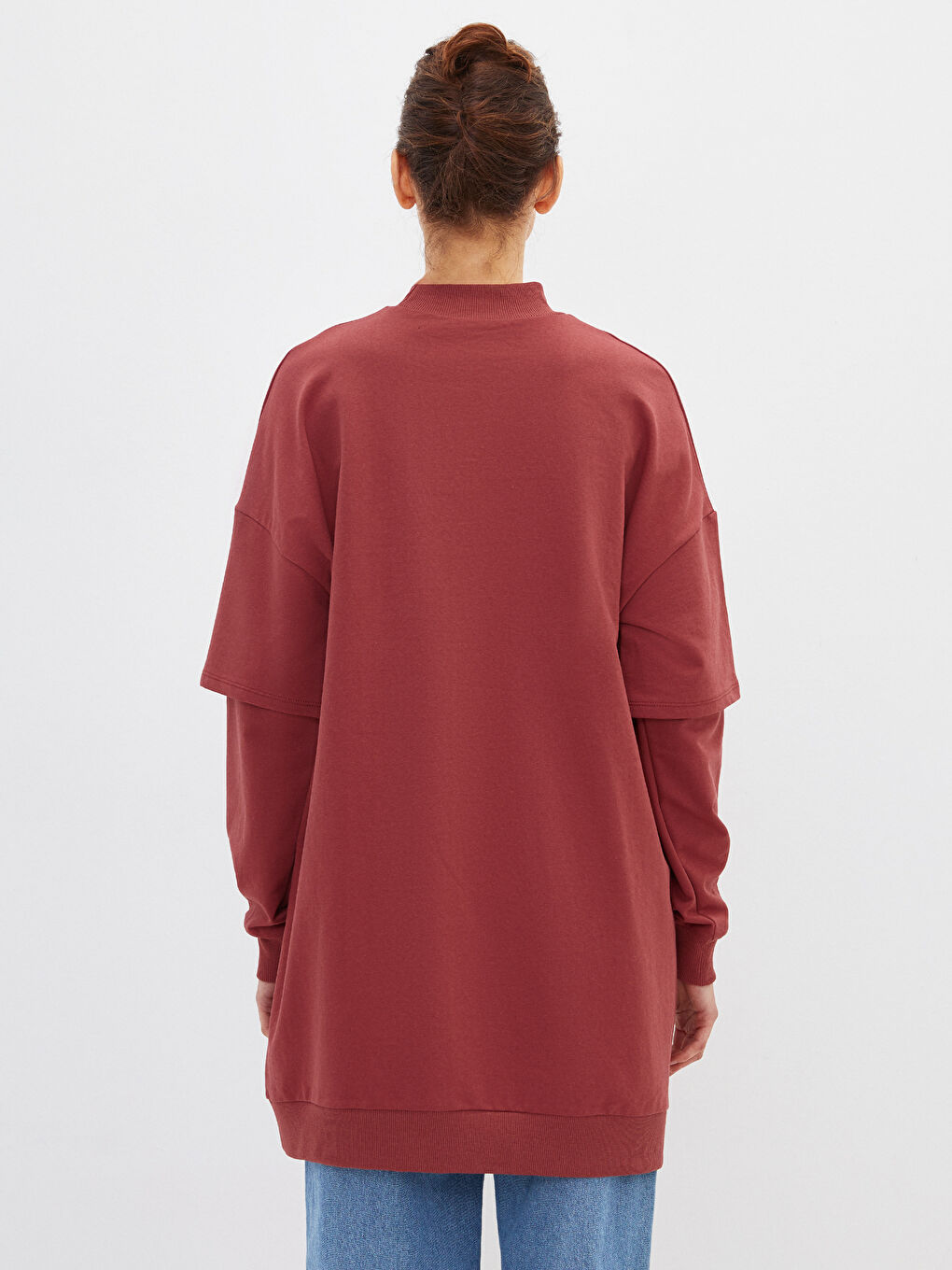 Kırmızı Dik Yaka Baskılı Uzun Kollu Oversize Kadın Sweatshirt Tunik-3