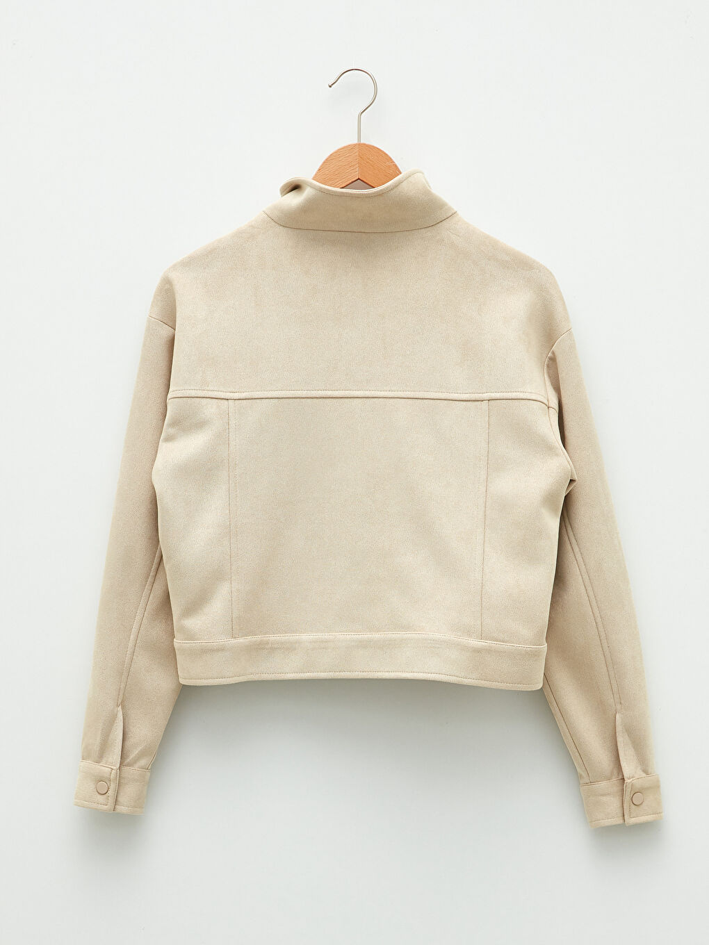 Bej Dik Yaka Kadın Deri Görünümlü Mont-6