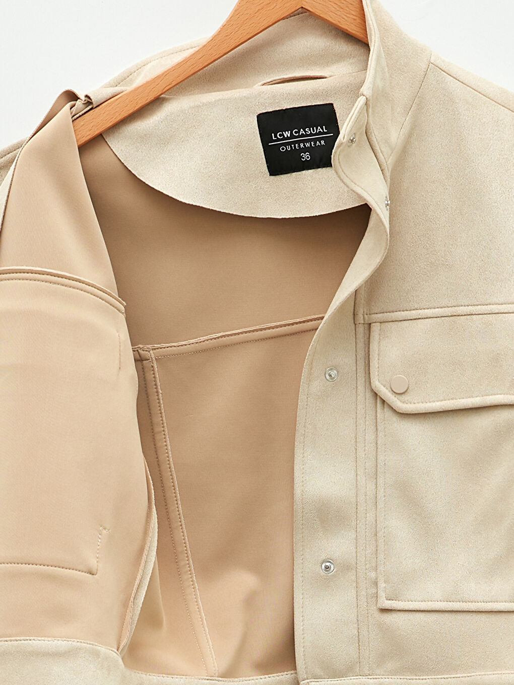 Bej Dik Yaka Kadın Deri Görünümlü Mont-7