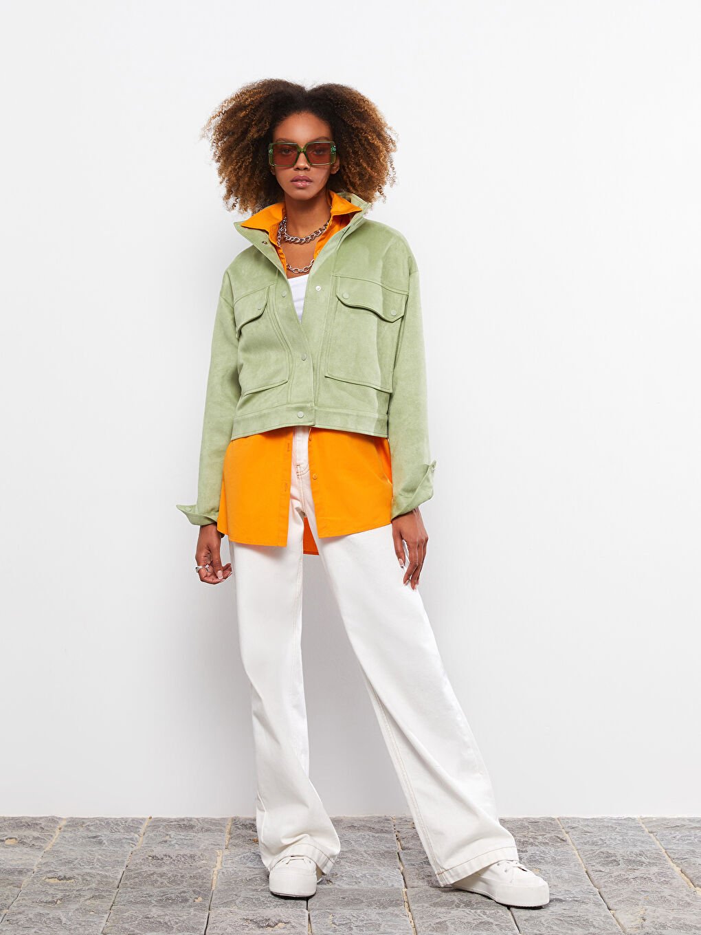 Yeşil Dik Yaka Kadın Deri Görünümlü Mont