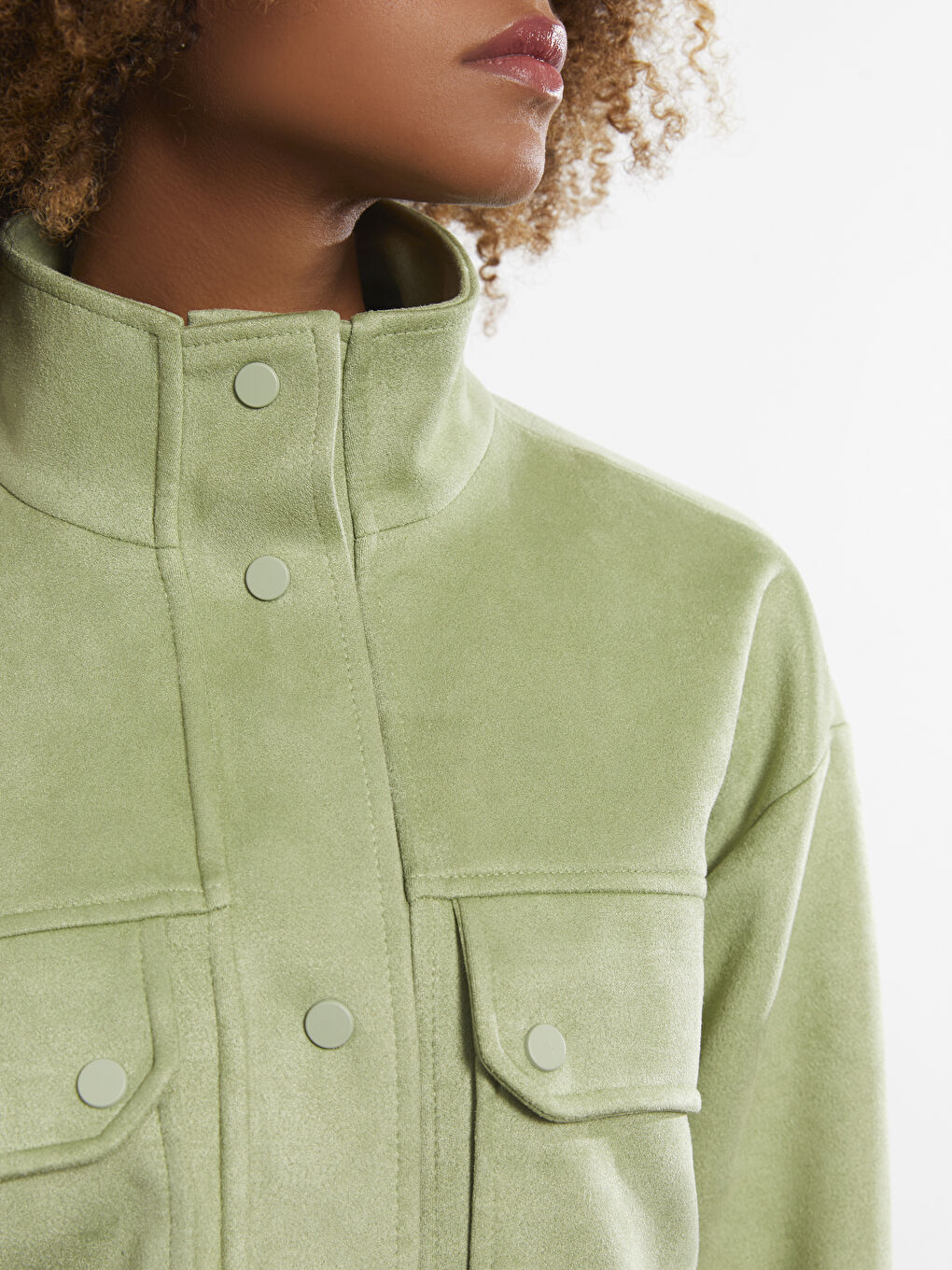 Yeşil Dik Yaka Kadın Deri Görünümlü Mont-3