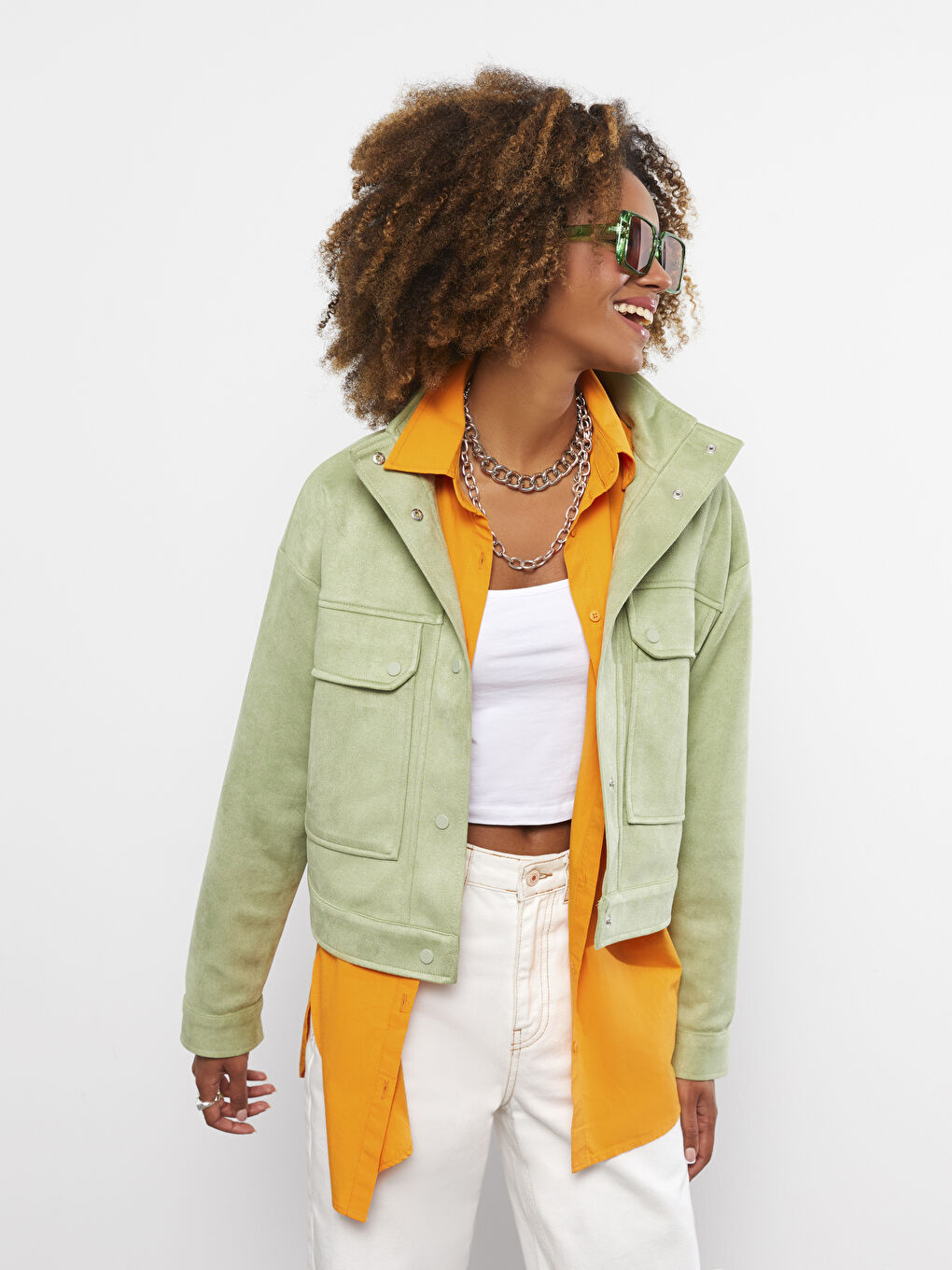 Yeşil Dik Yaka Kadın Deri Görünümlü Mont-4