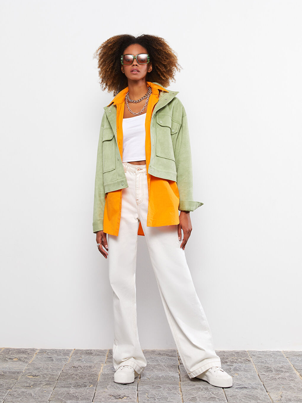 Yeşil Dik Yaka Kadın Deri Görünümlü Mont-5