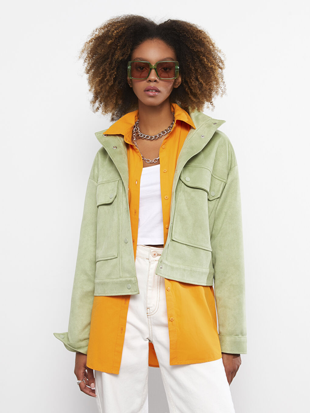 Yeşil Dik Yaka Kadın Deri Görünümlü Mont-7