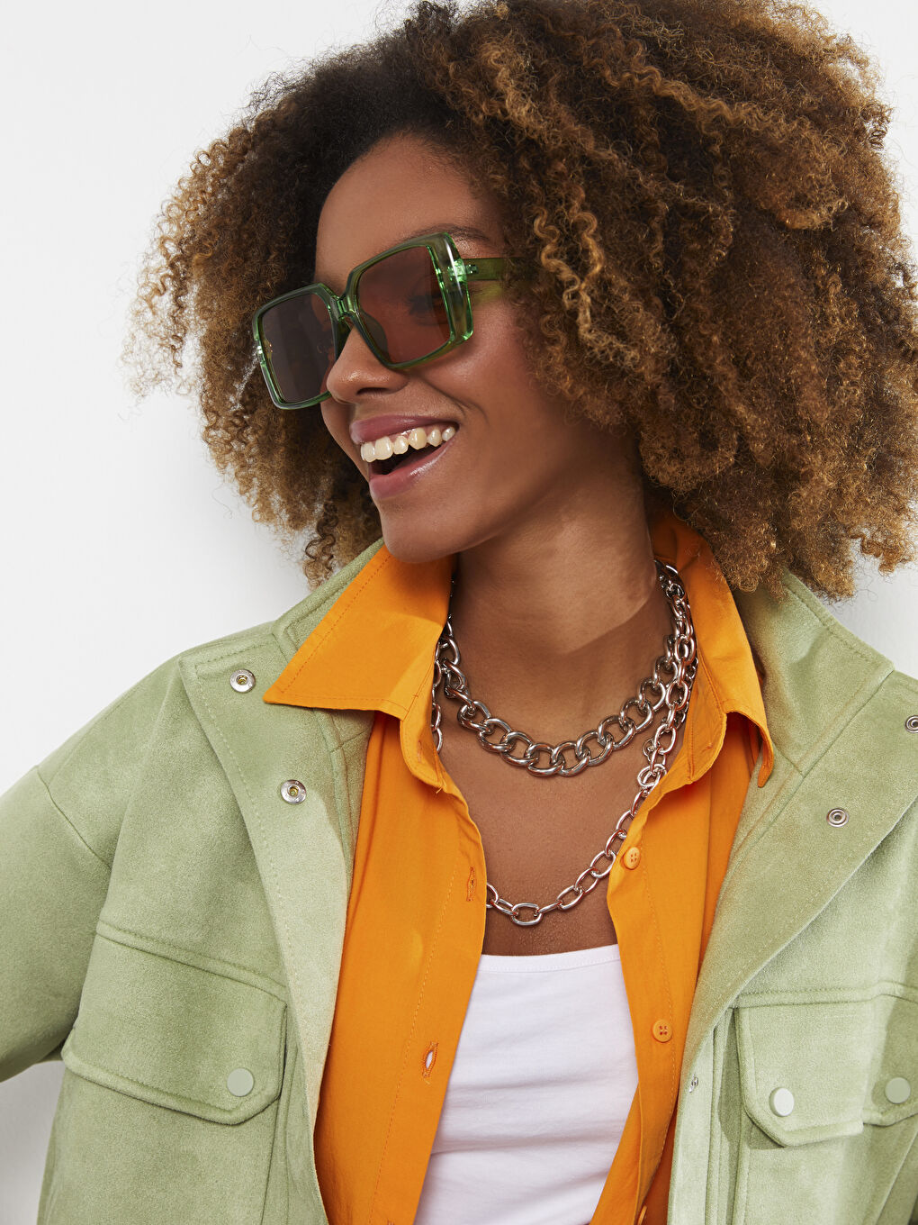 Yeşil Dik Yaka Kadın Deri Görünümlü Mont-8