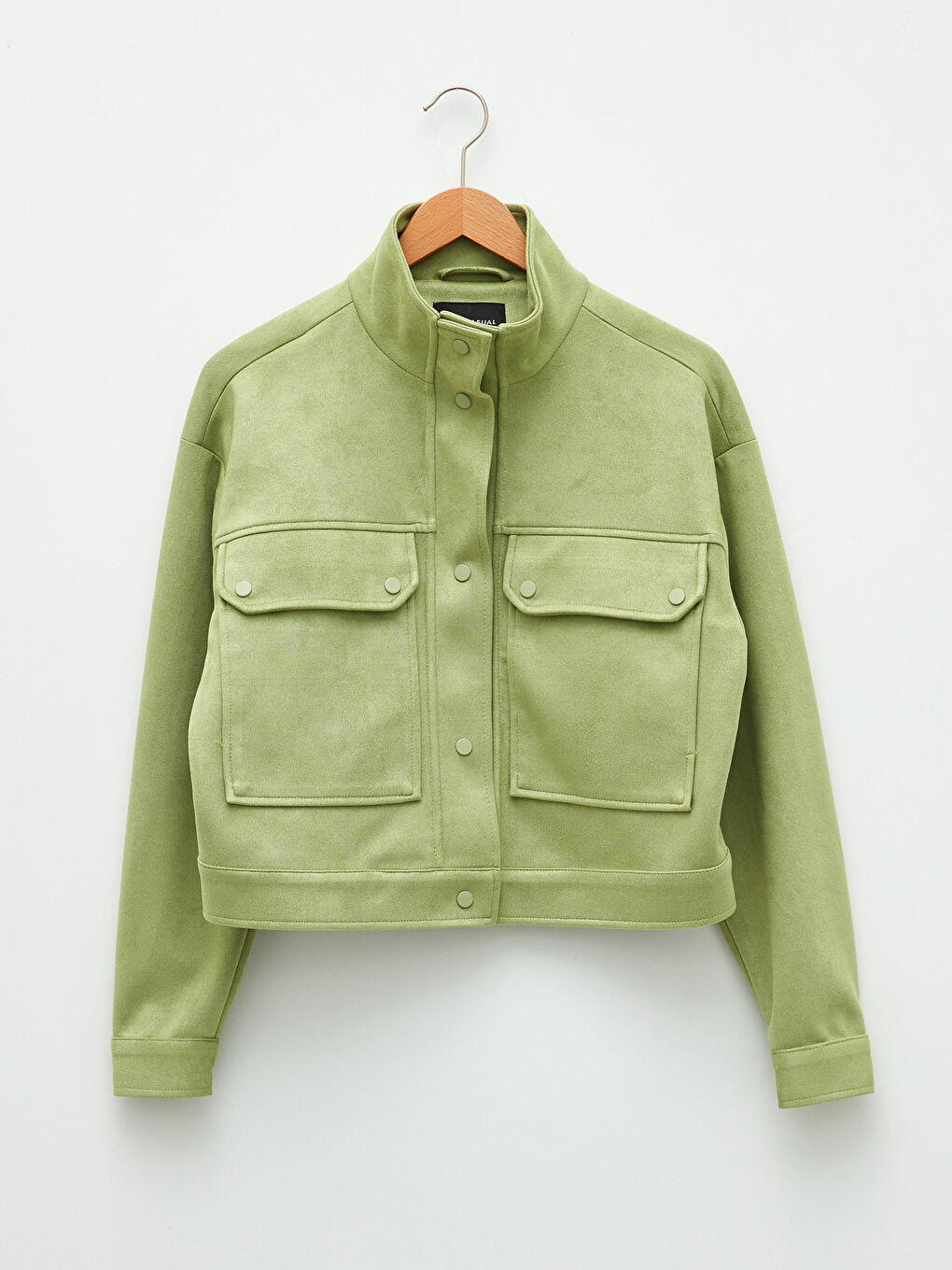 Yeşil Dik Yaka Kadın Deri Görünümlü Mont-9