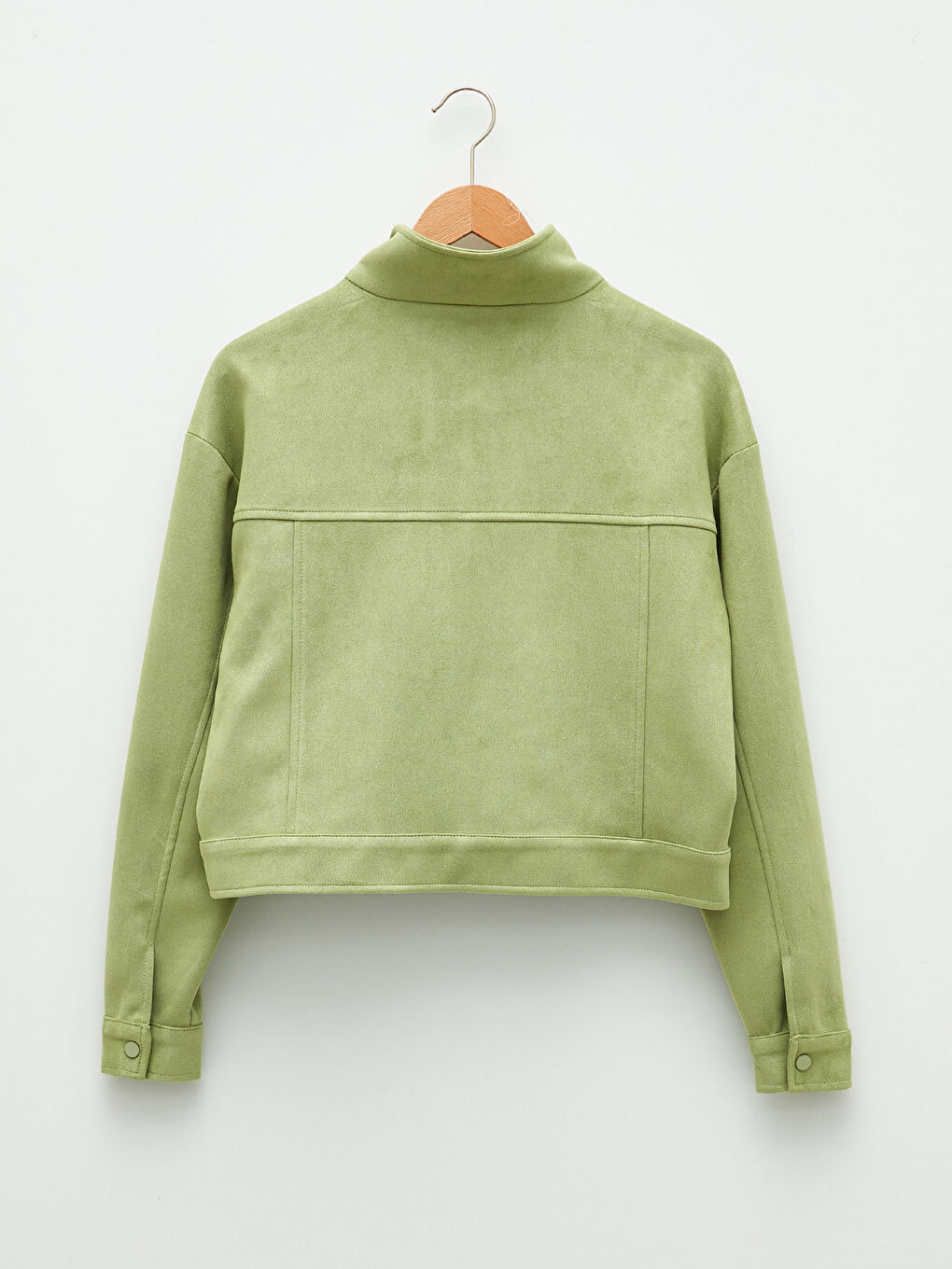 Yeşil Dik Yaka Kadın Deri Görünümlü Mont-10