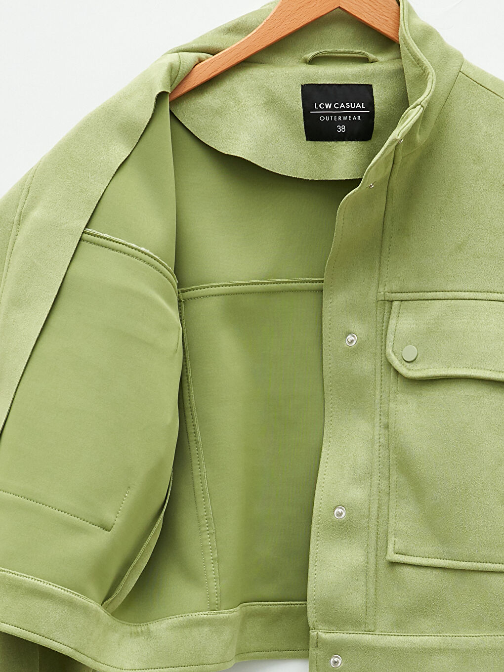 Yeşil Dik Yaka Kadın Deri Görünümlü Mont-11