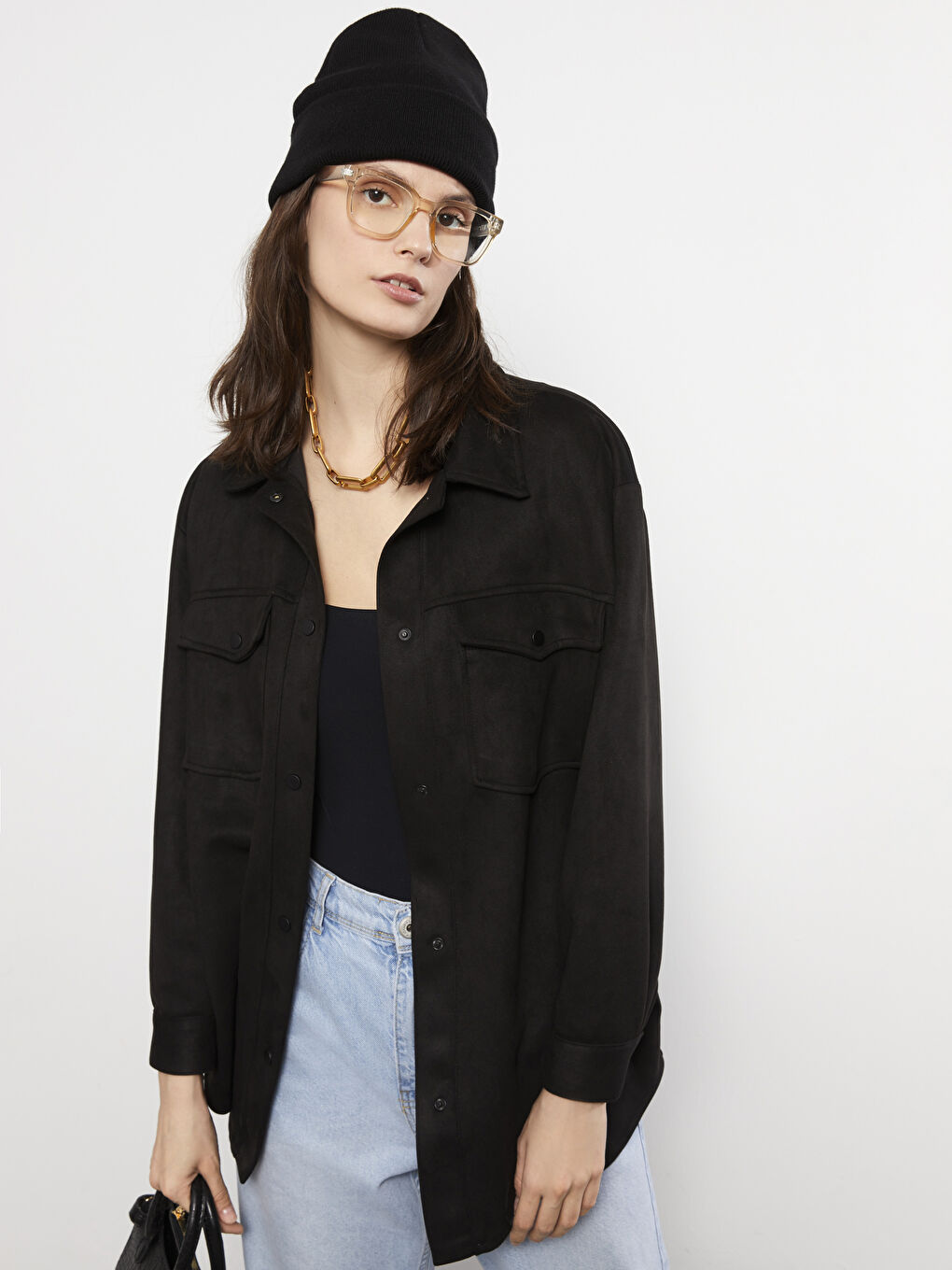 Women's Shirt Collar Plain Faux Leather Coat-1