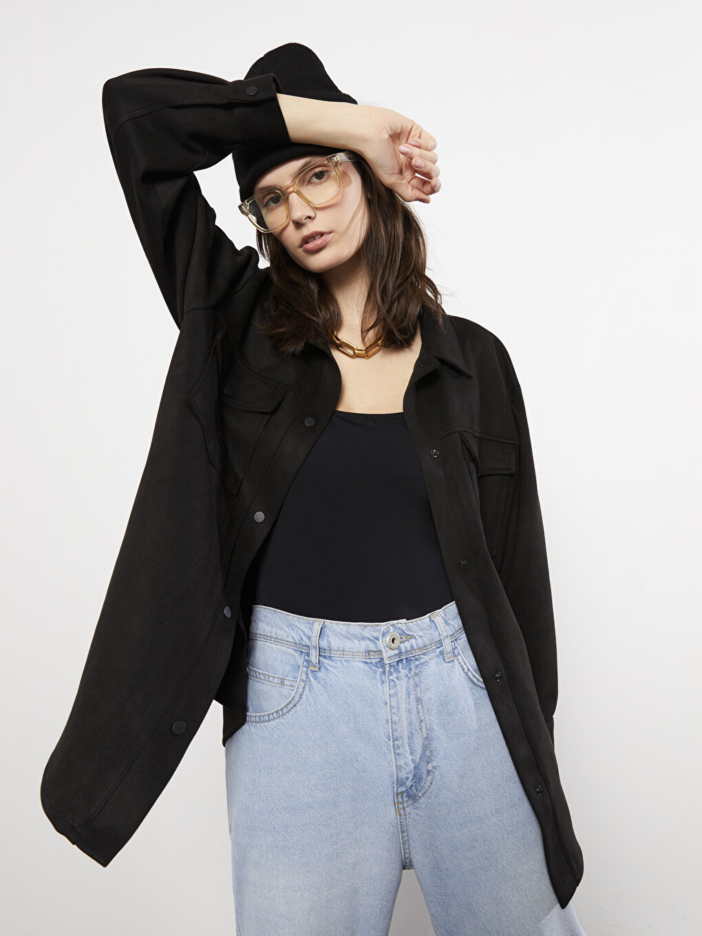 Women's Shirt Collar Plain Faux Leather Coat-2