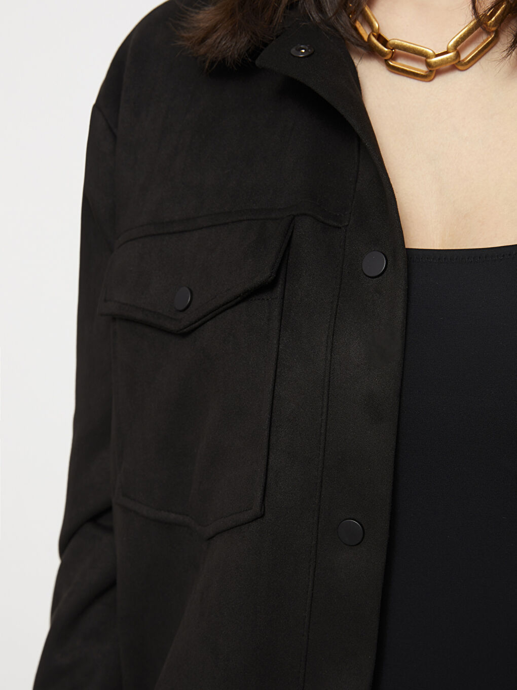 Women's Shirt Collar Plain Faux Leather Coat-3