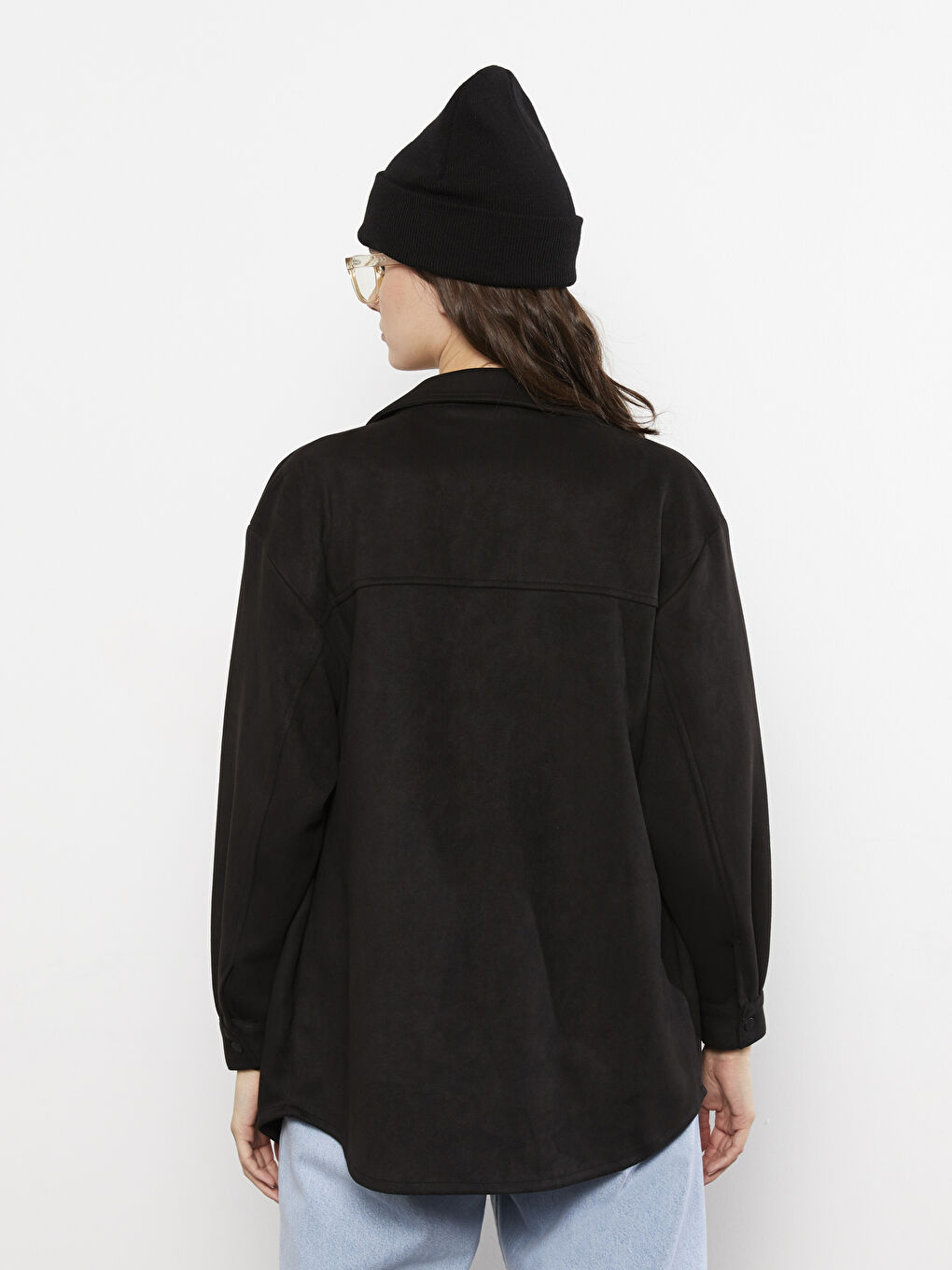 Women's Shirt Collar Plain Faux Leather Coat-4