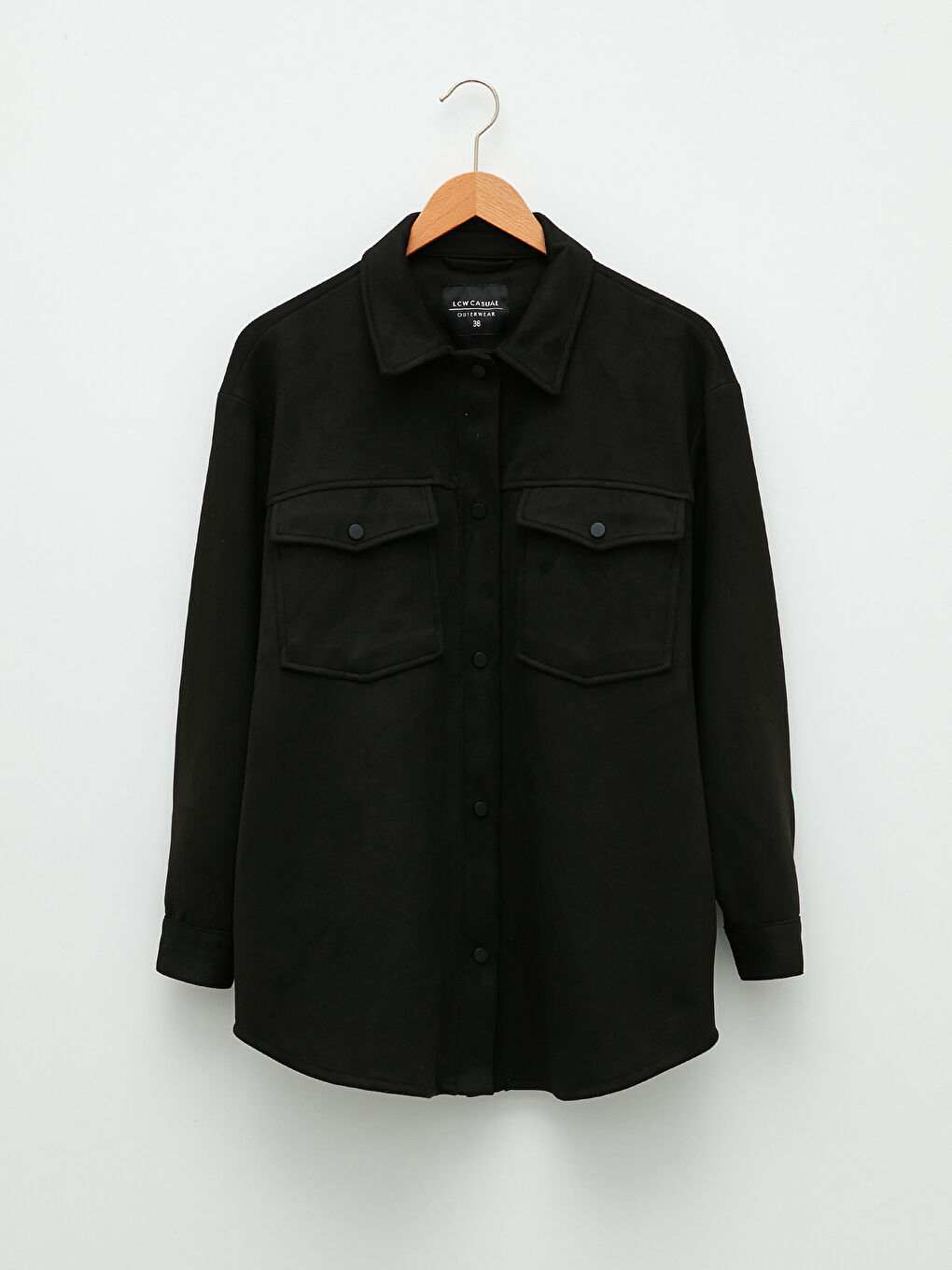 Women's Shirt Collar Plain Faux Leather Coat-5