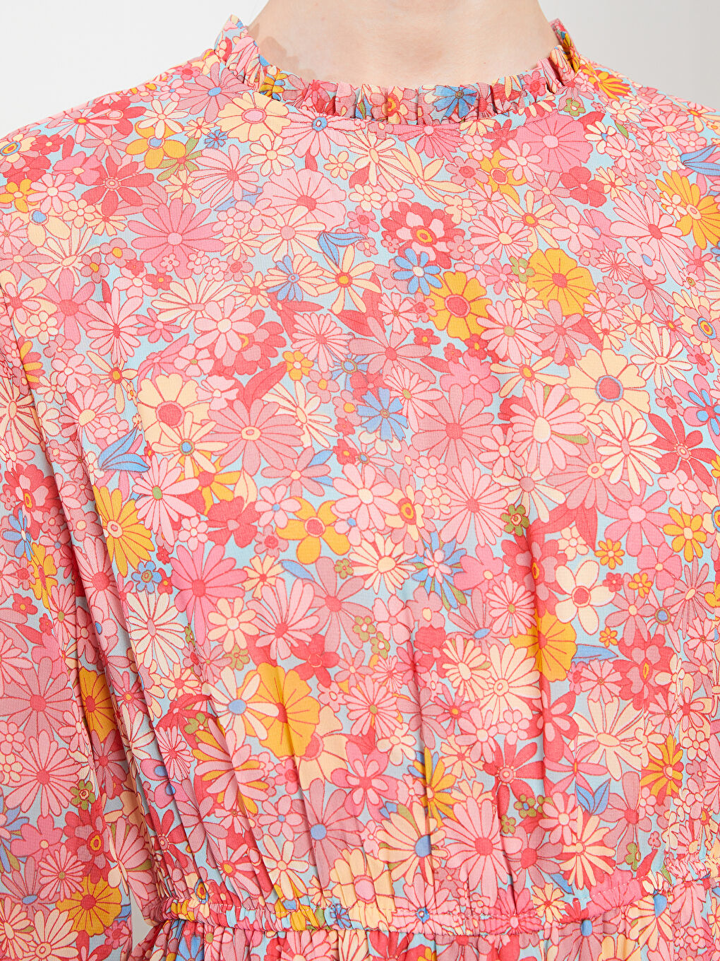 Mavi Fırfırlı Dik Yaka Çiçekli Uzun Kollu Kadın Şifon Elbise-3