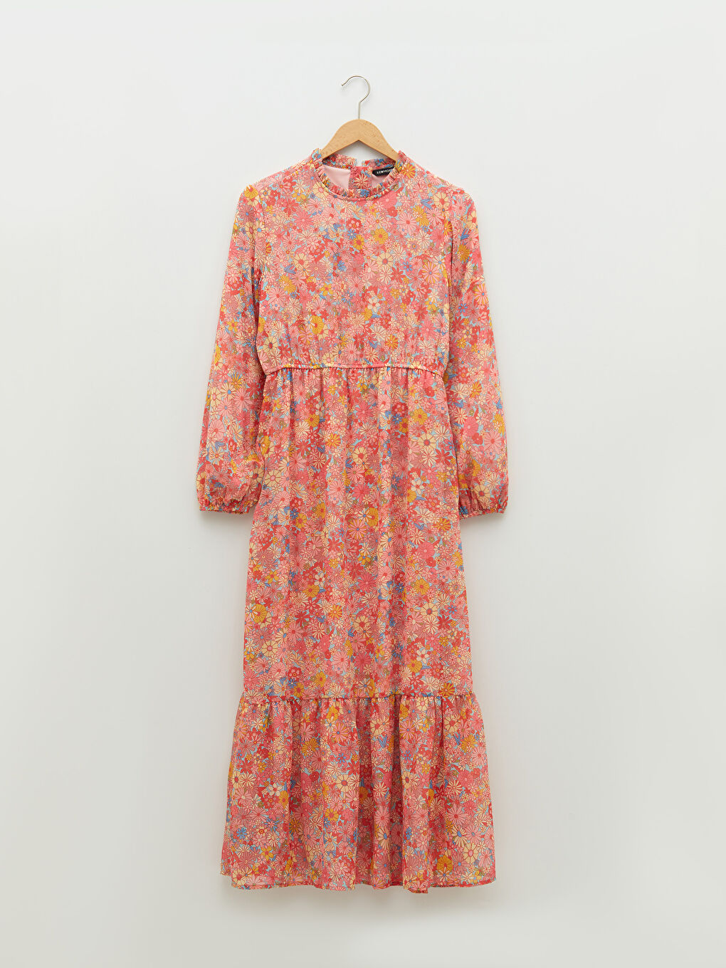 Mavi Fırfırlı Dik Yaka Çiçekli Uzun Kollu Kadın Şifon Elbise-5