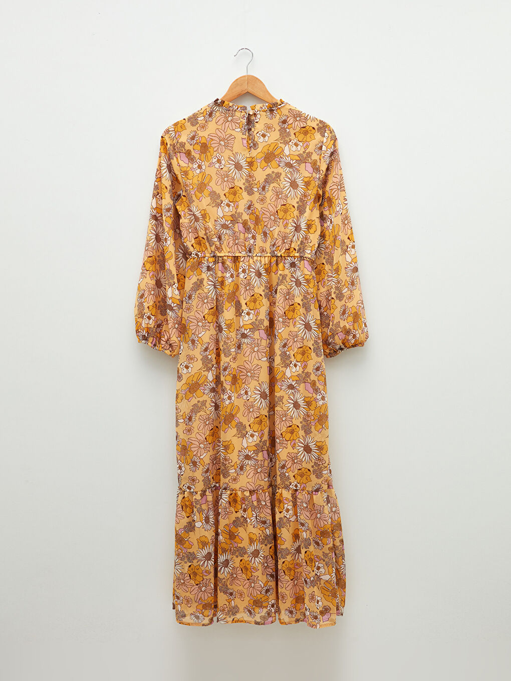 Sarı Fırfırlı Dik Yaka Çiçekli Uzun Kollu Kadın Şifon Elbise-5