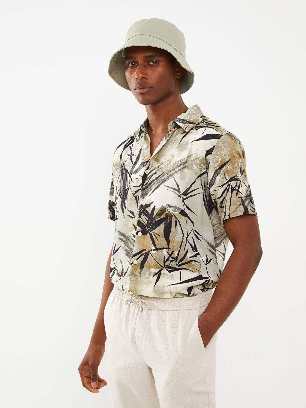 Chemise Slim Fit à Manches Courtes à Motifs en Popeline pour Hommes-2