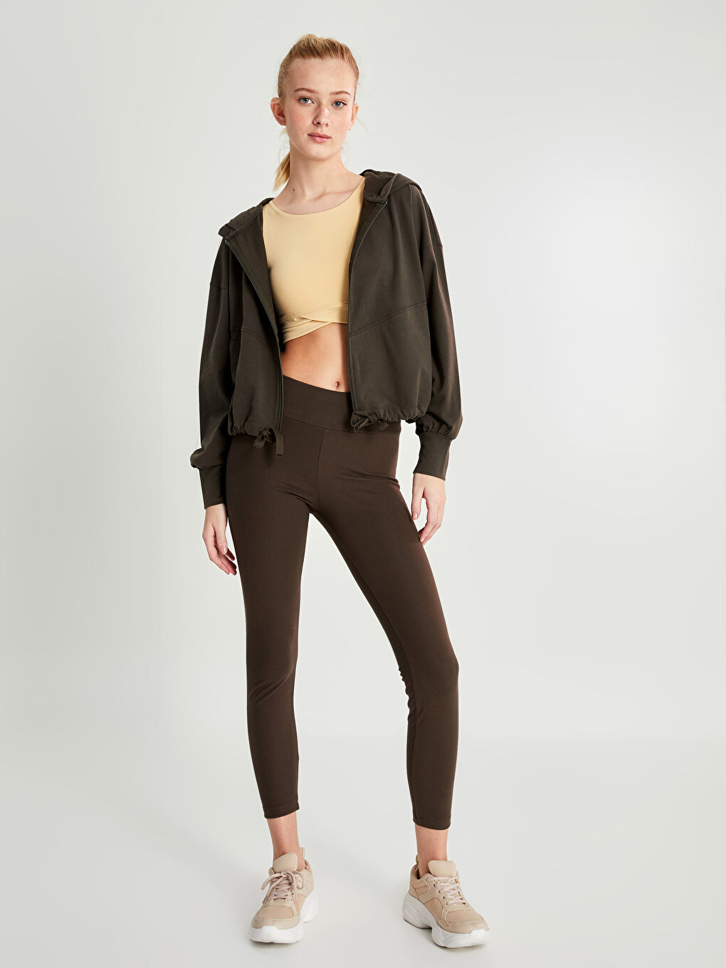 Haki Kapüşonlu Düz Uzun Kollu Oversize Kadın Spor Hırka-3