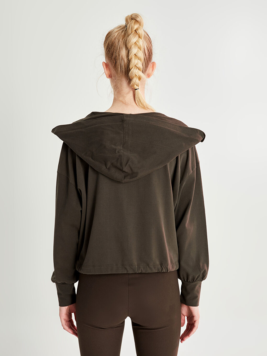 Haki Kapüşonlu Düz Uzun Kollu Oversize Kadın Spor Hırka-4