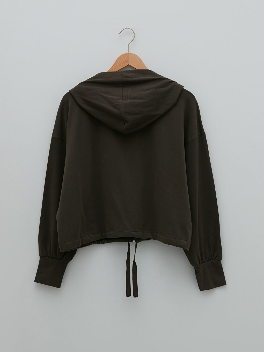 Haki Kapüşonlu Düz Uzun Kollu Oversize Kadın Spor Hırka-6