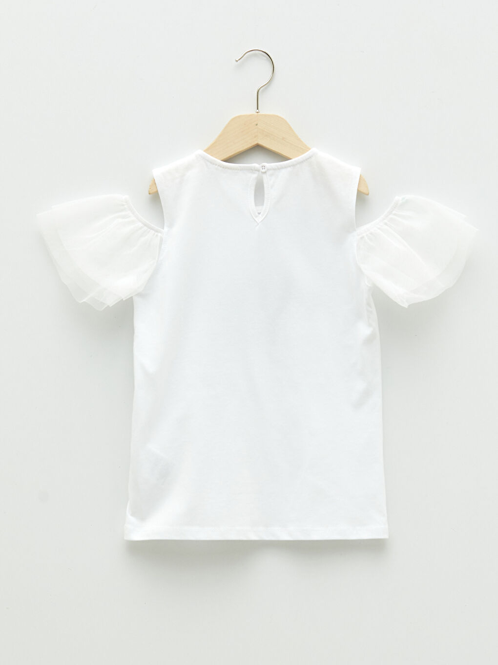 Beyaz Bisiklet Yaka Pul İşlemeli Kısa Kollu Kız Çocuk Tişört-1