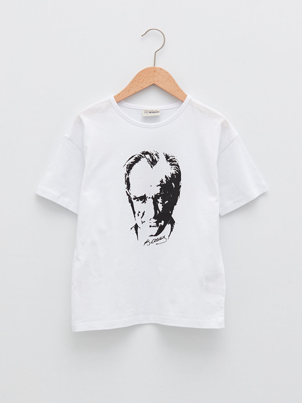 Beyaz Bisiklet Yaka Atatürk Baskılı Kısa Kollu Kız Çocuk Tişört-1