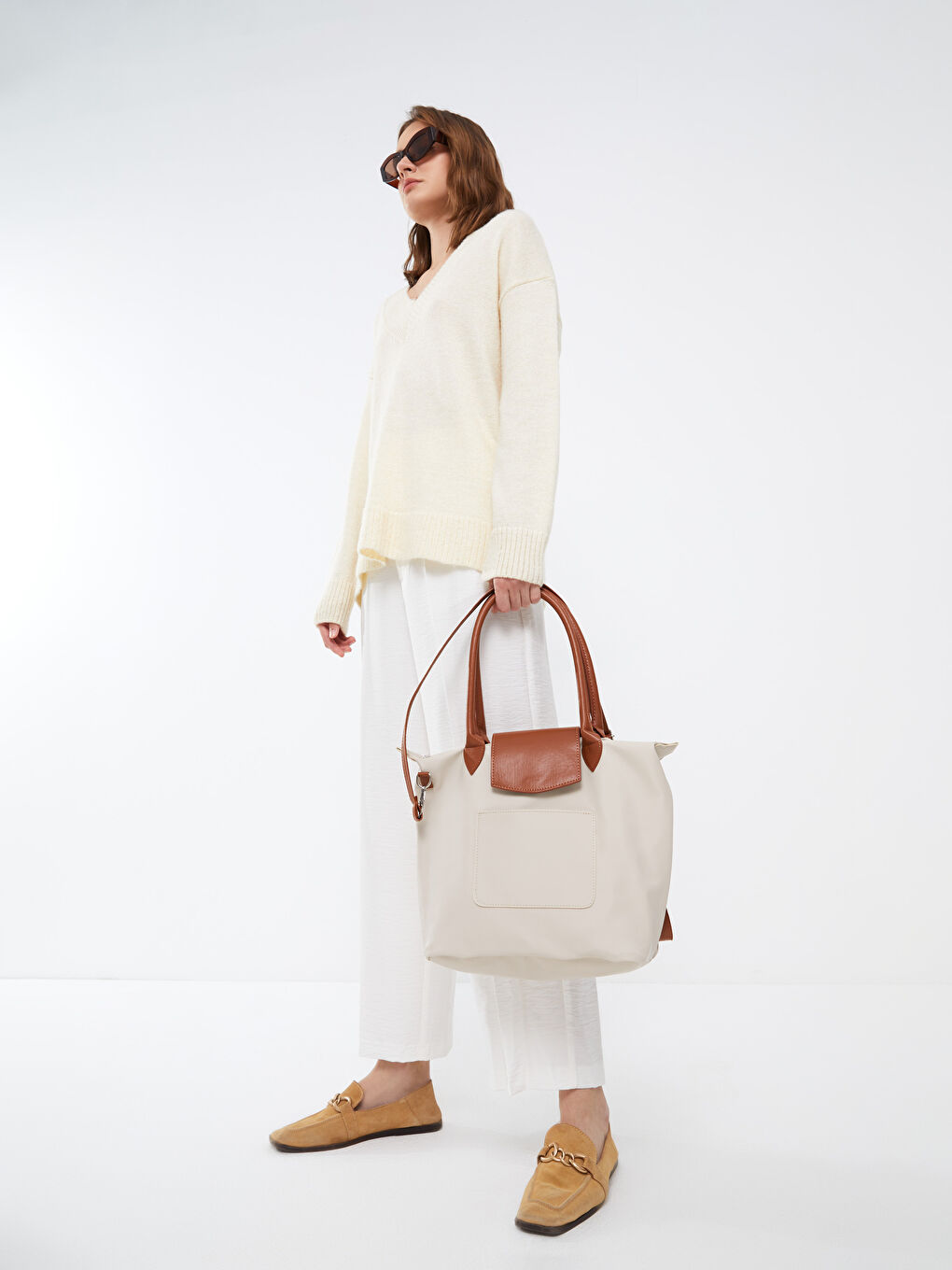 Bej Deri Görünümlü Renk Bloklu Kadın Kol Çantası-1