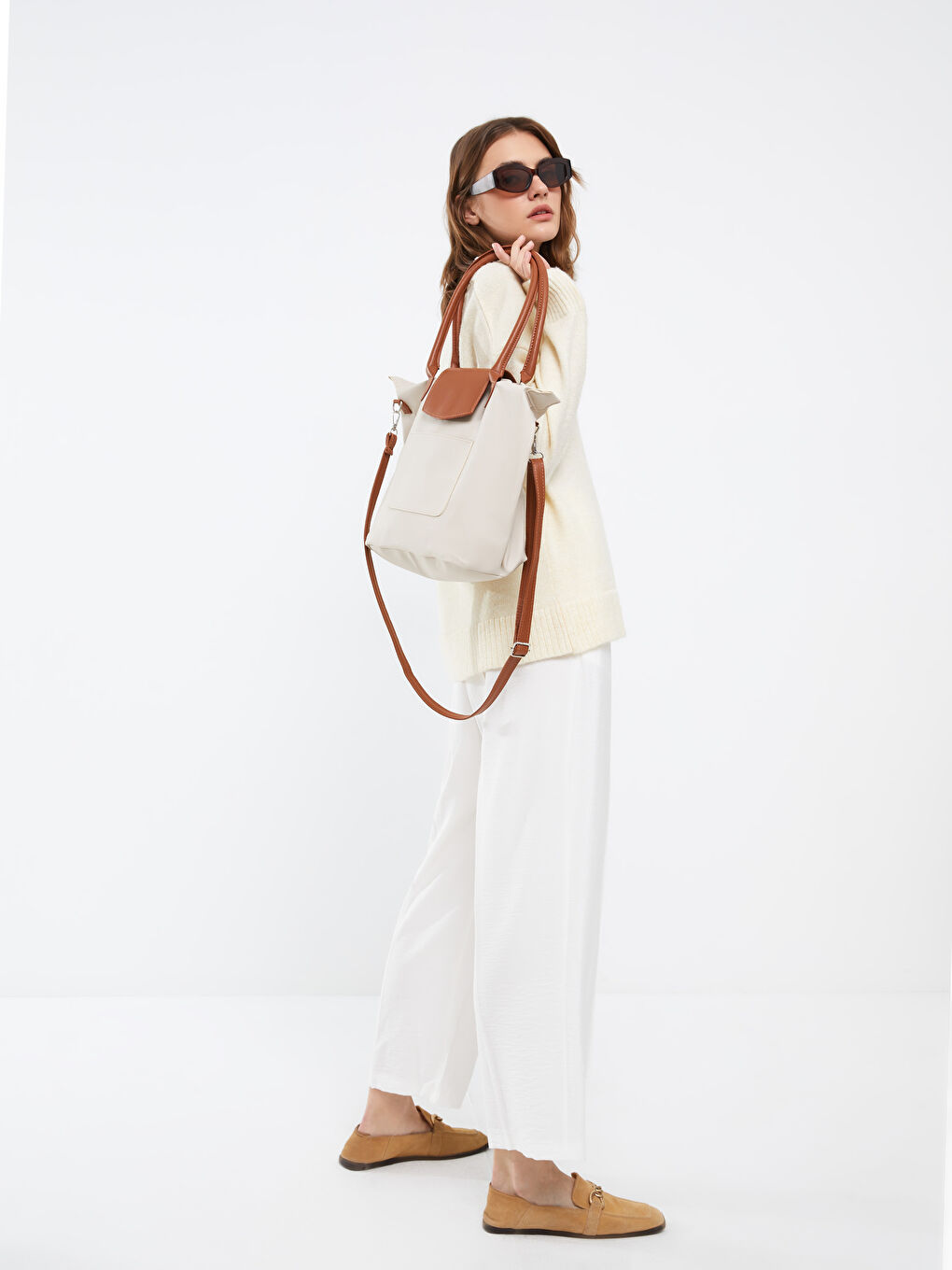 Bej Deri Görünümlü Renk Bloklu Kadın Kol Çantası-2