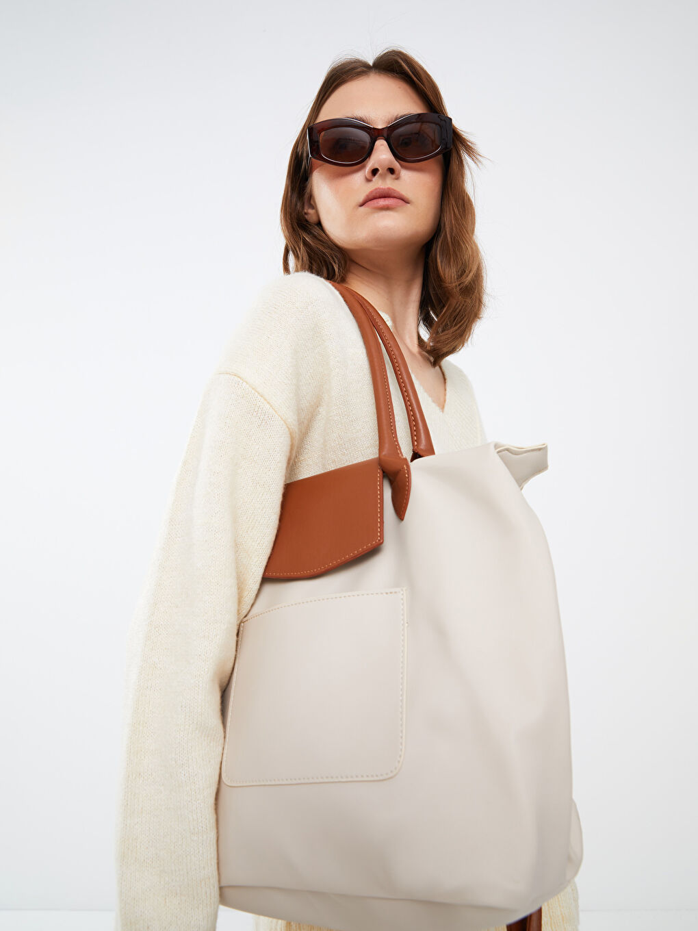 Bej Deri Görünümlü Renk Bloklu Kadın Kol Çantası-3