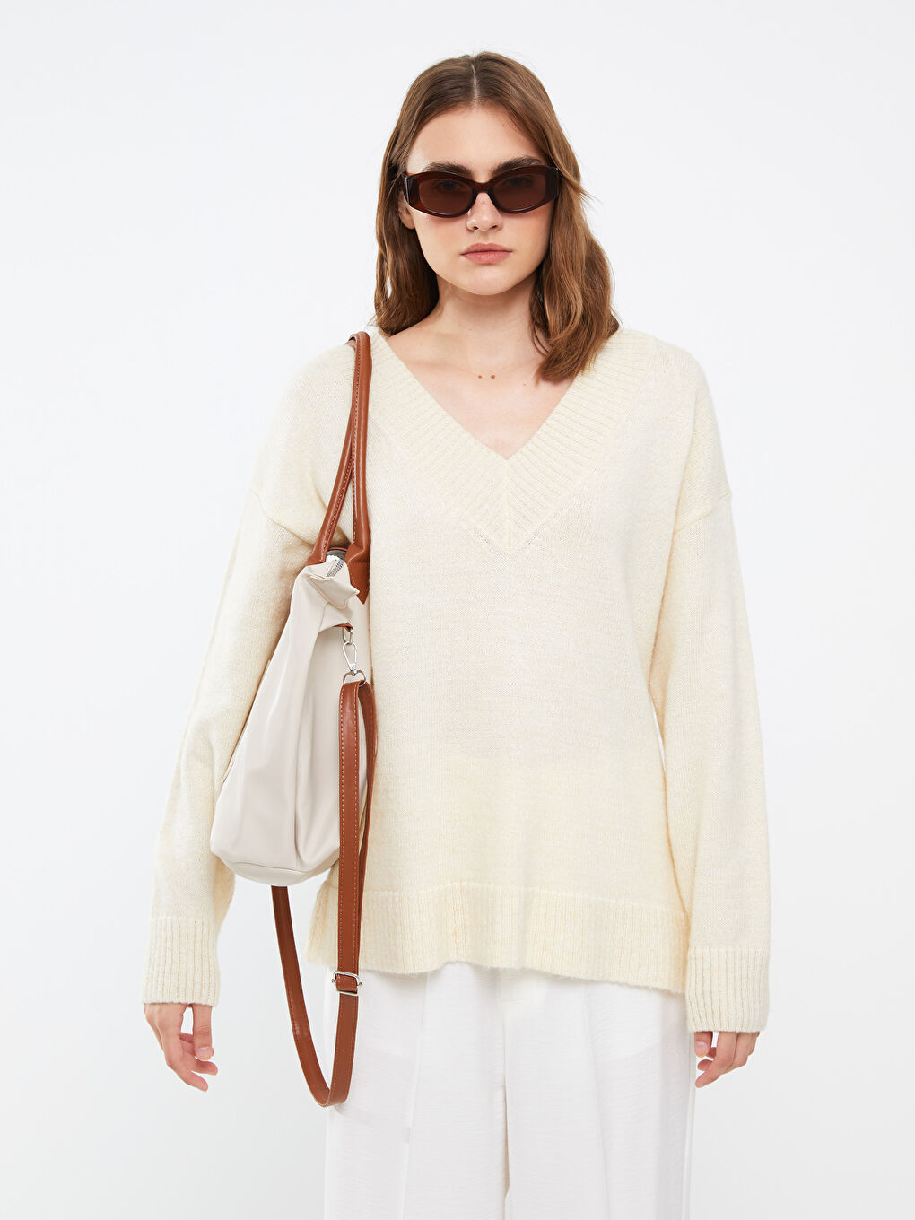 Bej Deri Görünümlü Renk Bloklu Kadın Kol Çantası-4