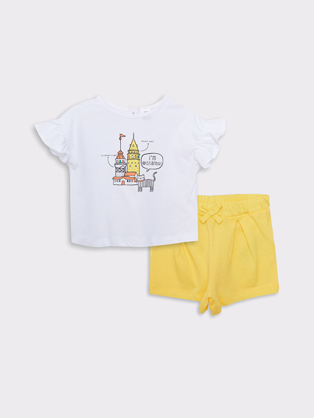 Beyaz Bisiklet Yaka Kısa Kollu İstanbul Temalı Kız Bebek Tişört ve Şort 2'li Takım