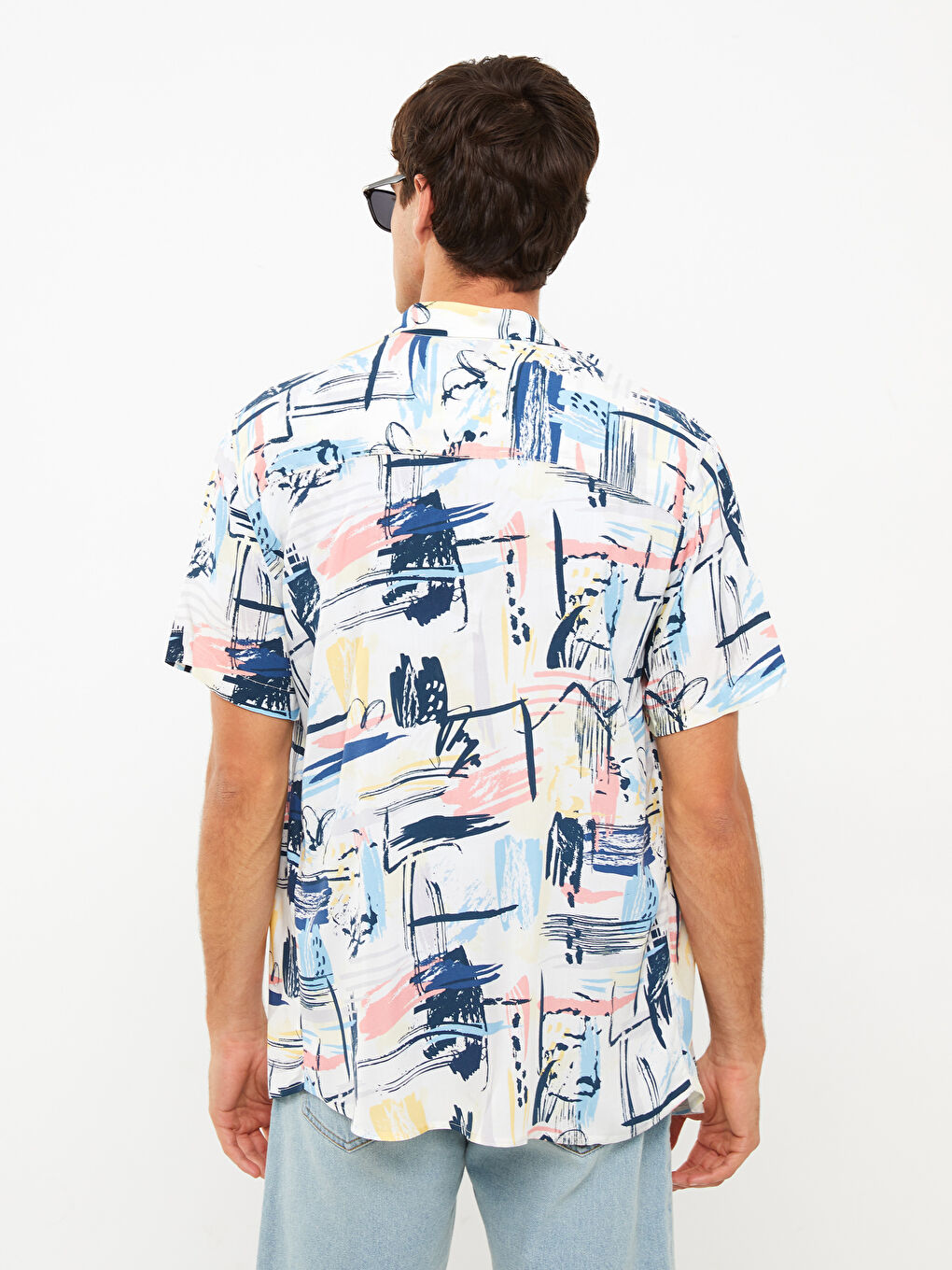 Beyaz Regular Fit Kısa Kollu Desenli Poplin Erkek Gömlek-4