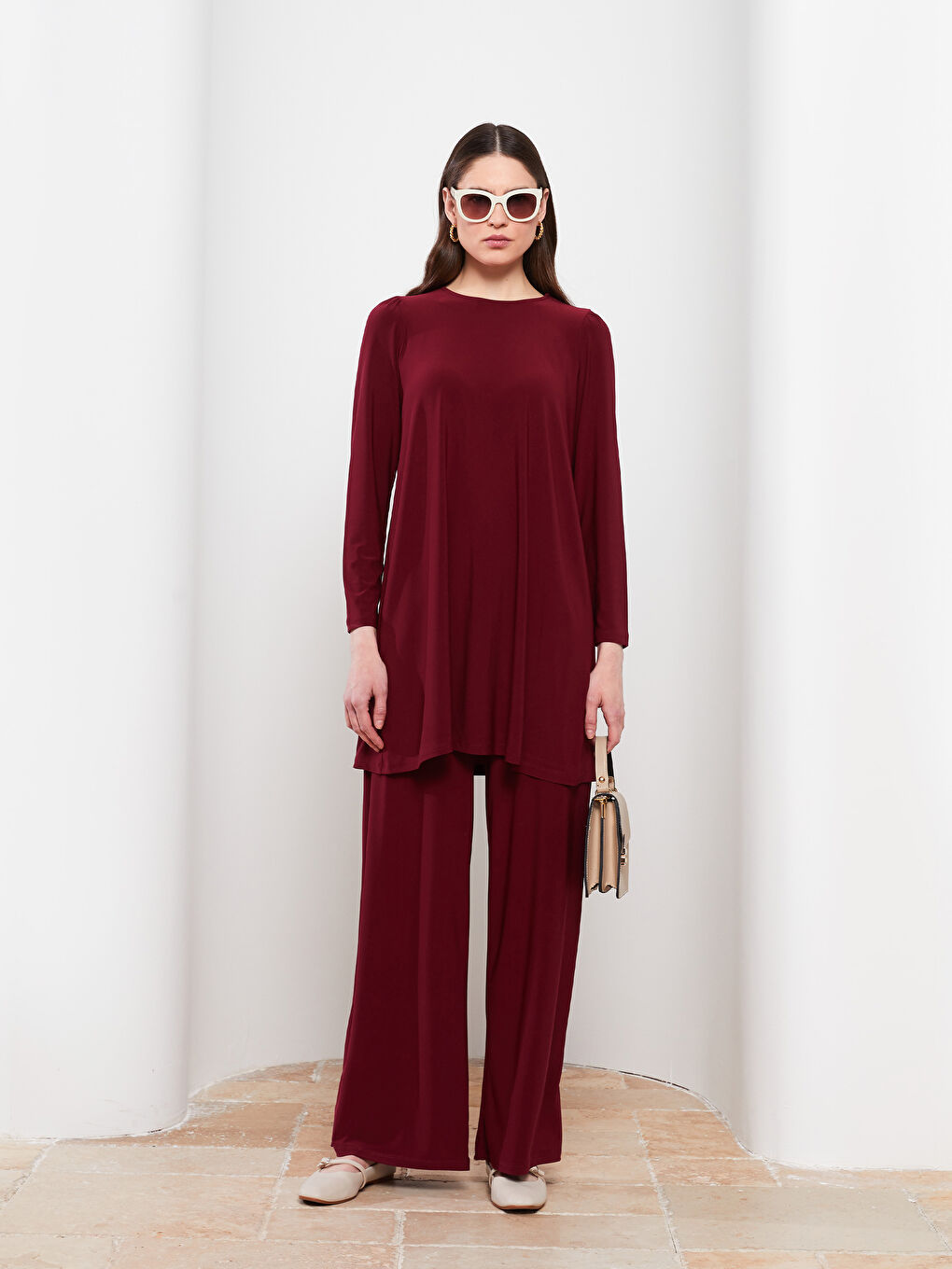 Bordo Bisiklet Yaka Düz Uzun Kollu Kadın Tunik-1