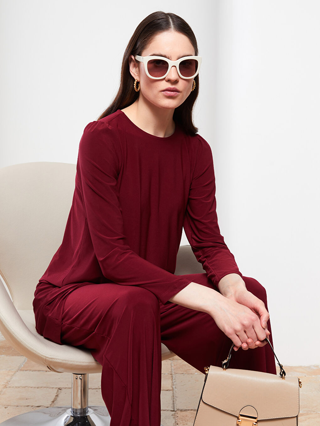 Bordo Bisiklet Yaka Düz Uzun Kollu Kadın Tunik-2