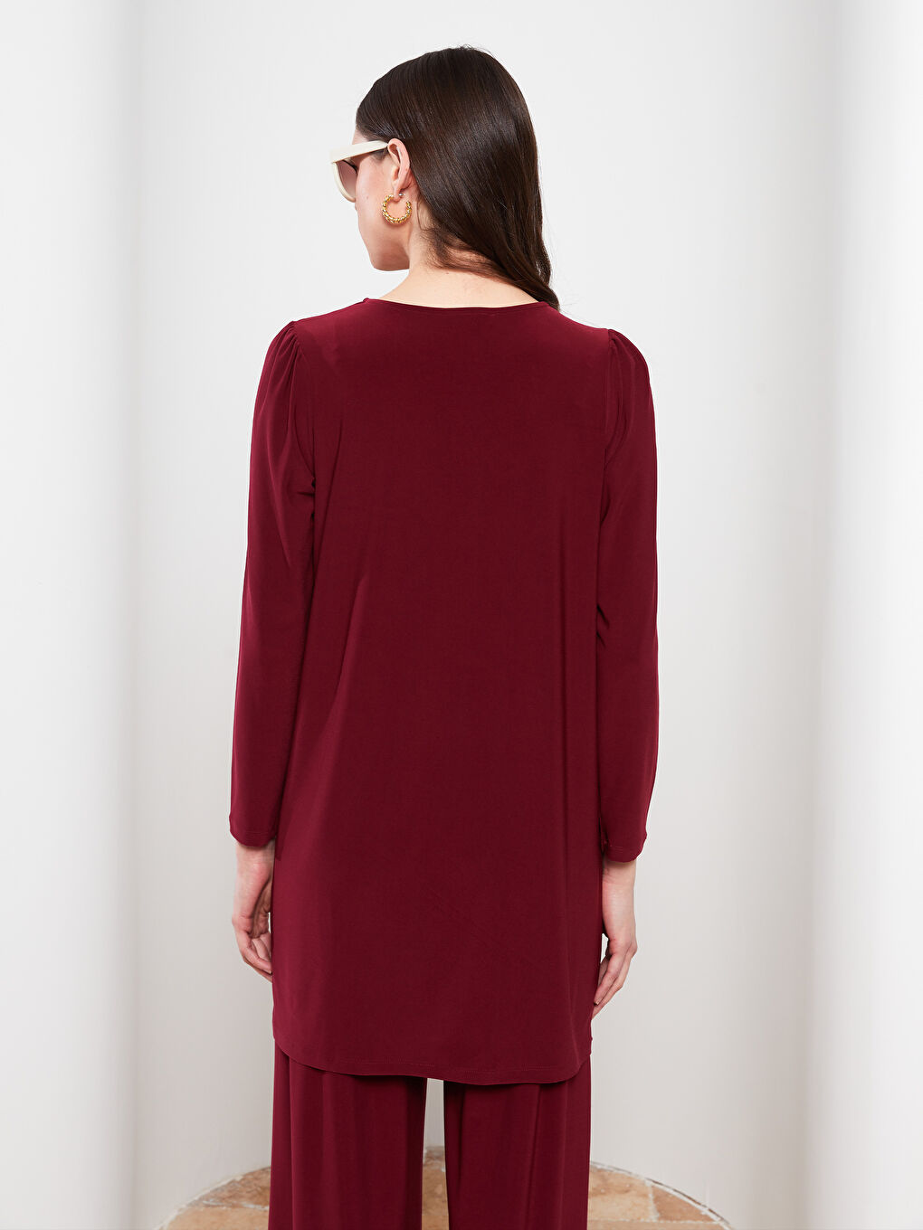 Bordo Bisiklet Yaka Düz Uzun Kollu Kadın Tunik-4