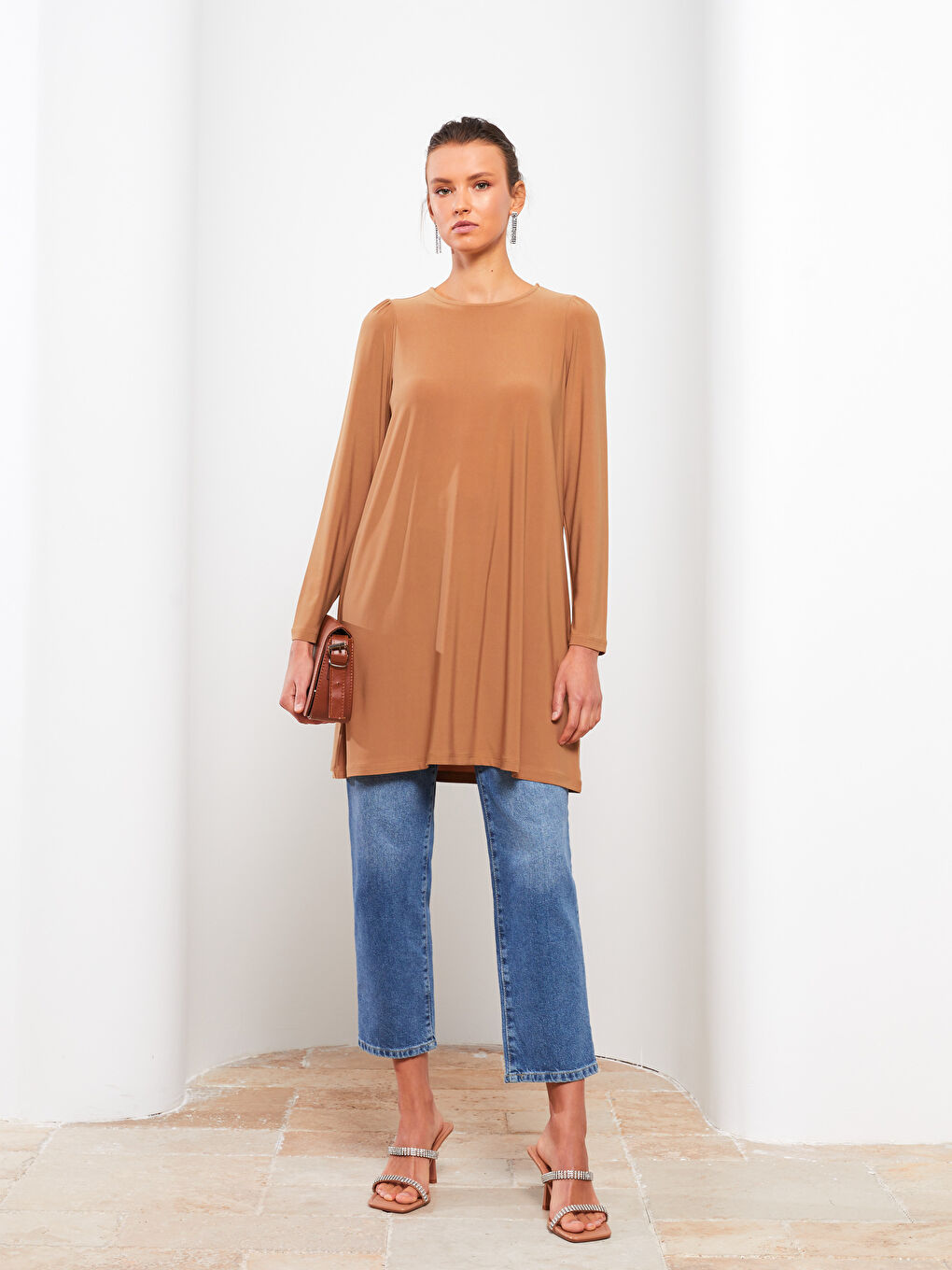 Crew Neck Plain Long Sleeve Women's Tunic-2