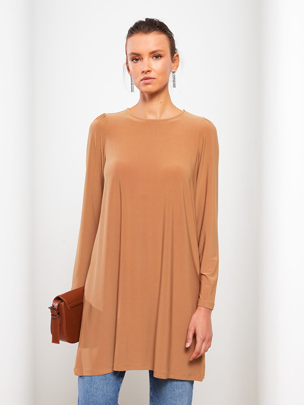 Crew Neck Plain Long Sleeve Women's Tunic-3