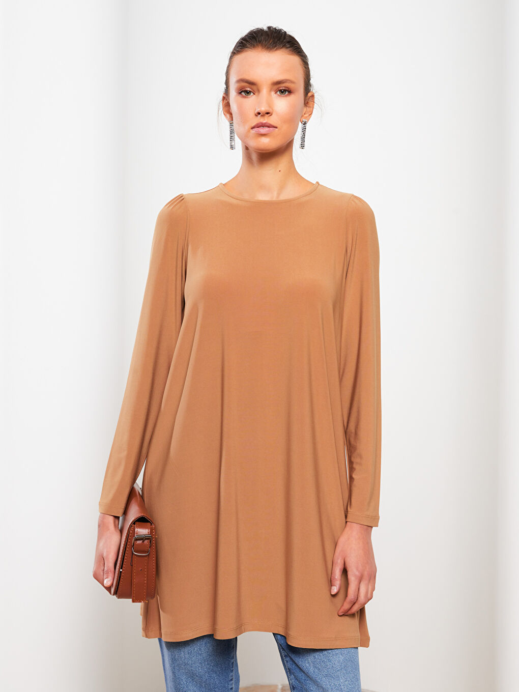 Crew Neck Plain Long Sleeve Women's Tunic-4