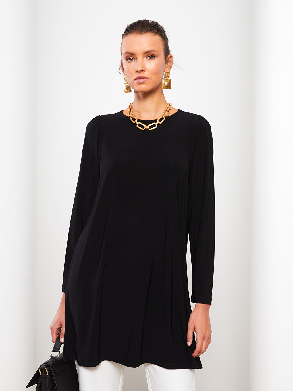 Siyah Bisiklet Yaka Düz Uzun Kollu Kadın Tunik-3
