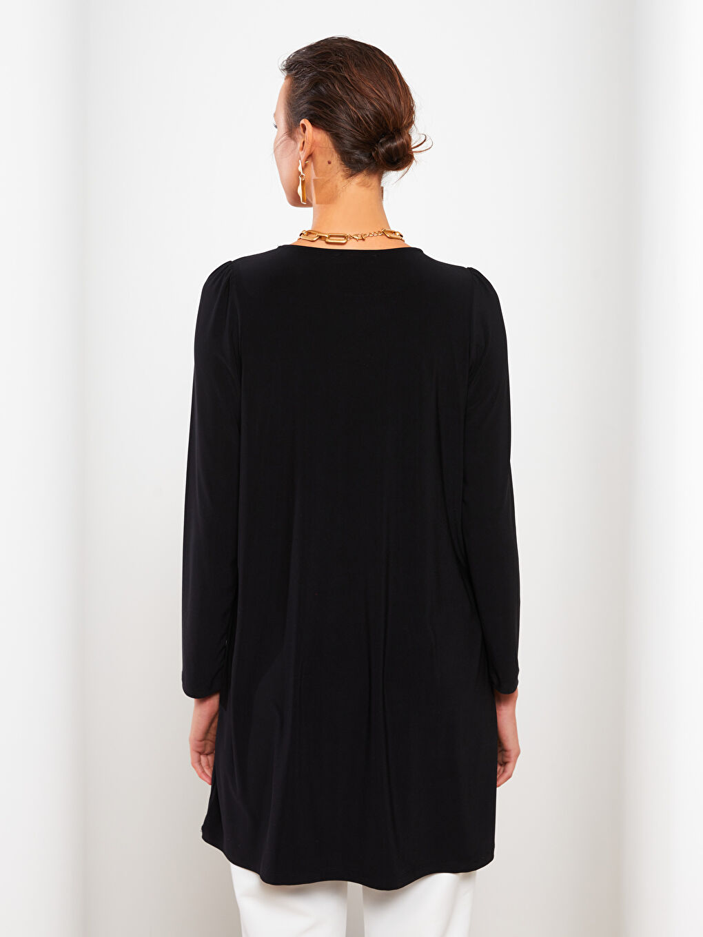 Siyah Bisiklet Yaka Düz Uzun Kollu Kadın Tunik-5