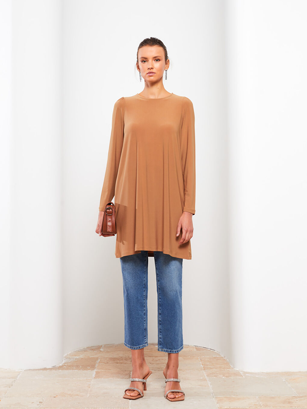 Crew Neck Plain Long Sleeve Women's Tunic-1