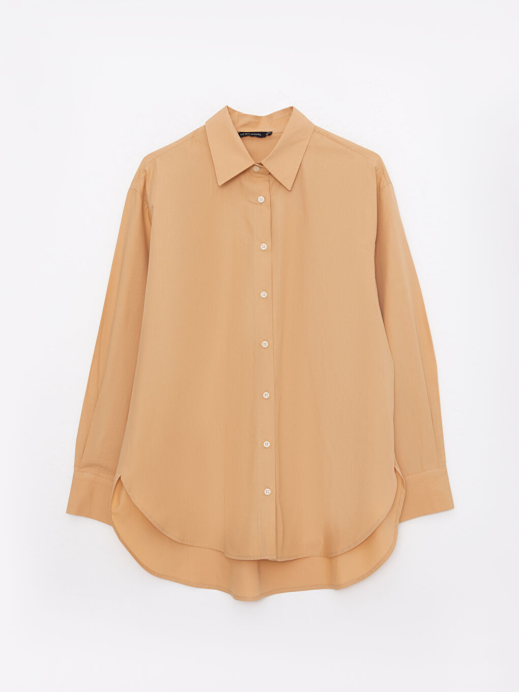 Bej Önden Düğme Kapamalı Düz Uzun Kollu Pamuklu Kadın Gömlek-5