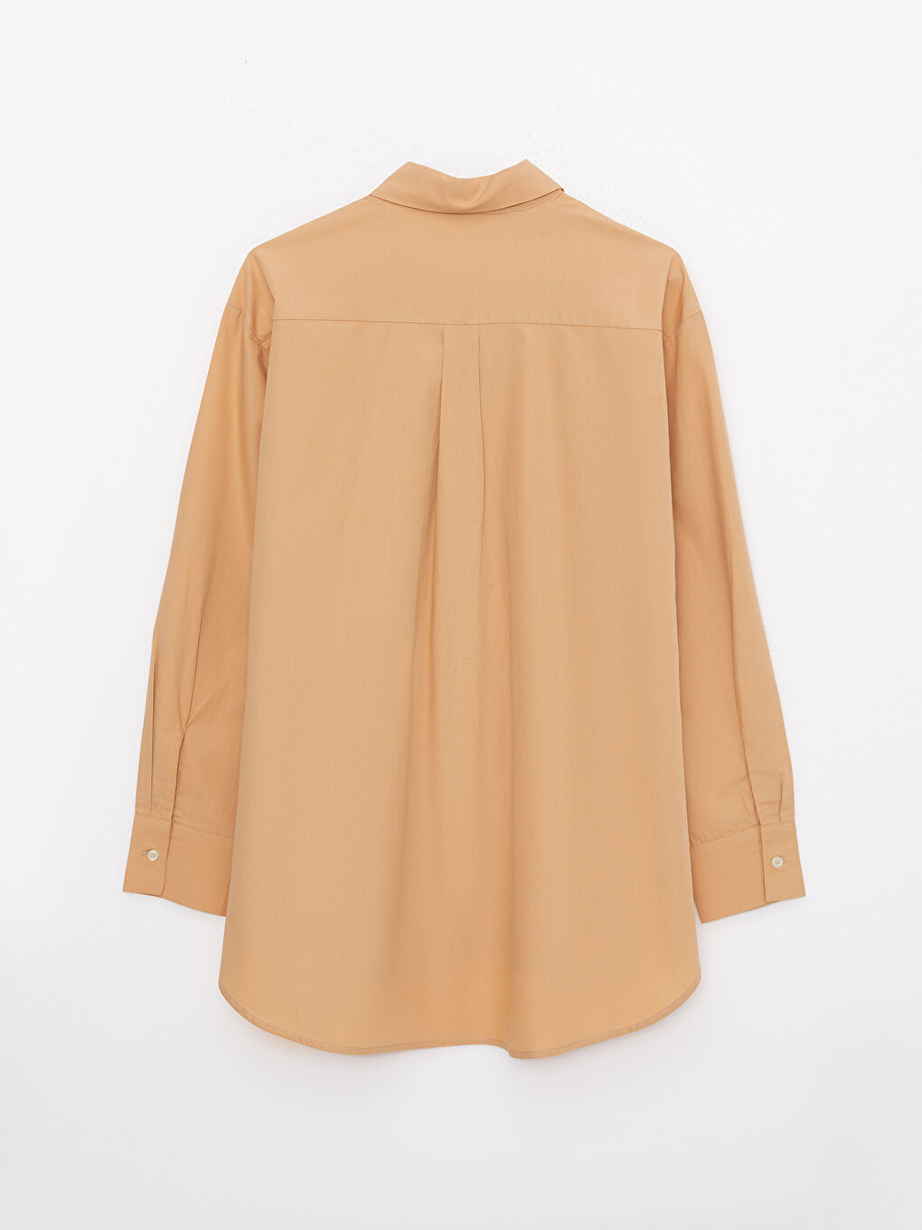 Bej Önden Düğme Kapamalı Düz Uzun Kollu Pamuklu Kadın Gömlek-6
