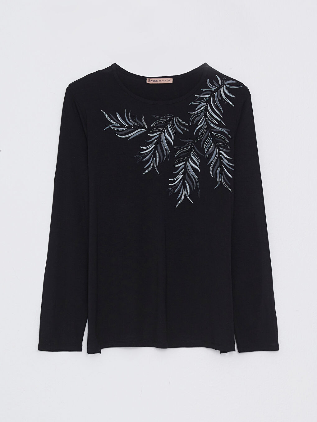 تيشيرت نسائي بأكمام طويلة وياقة دائرية مطبوع-5