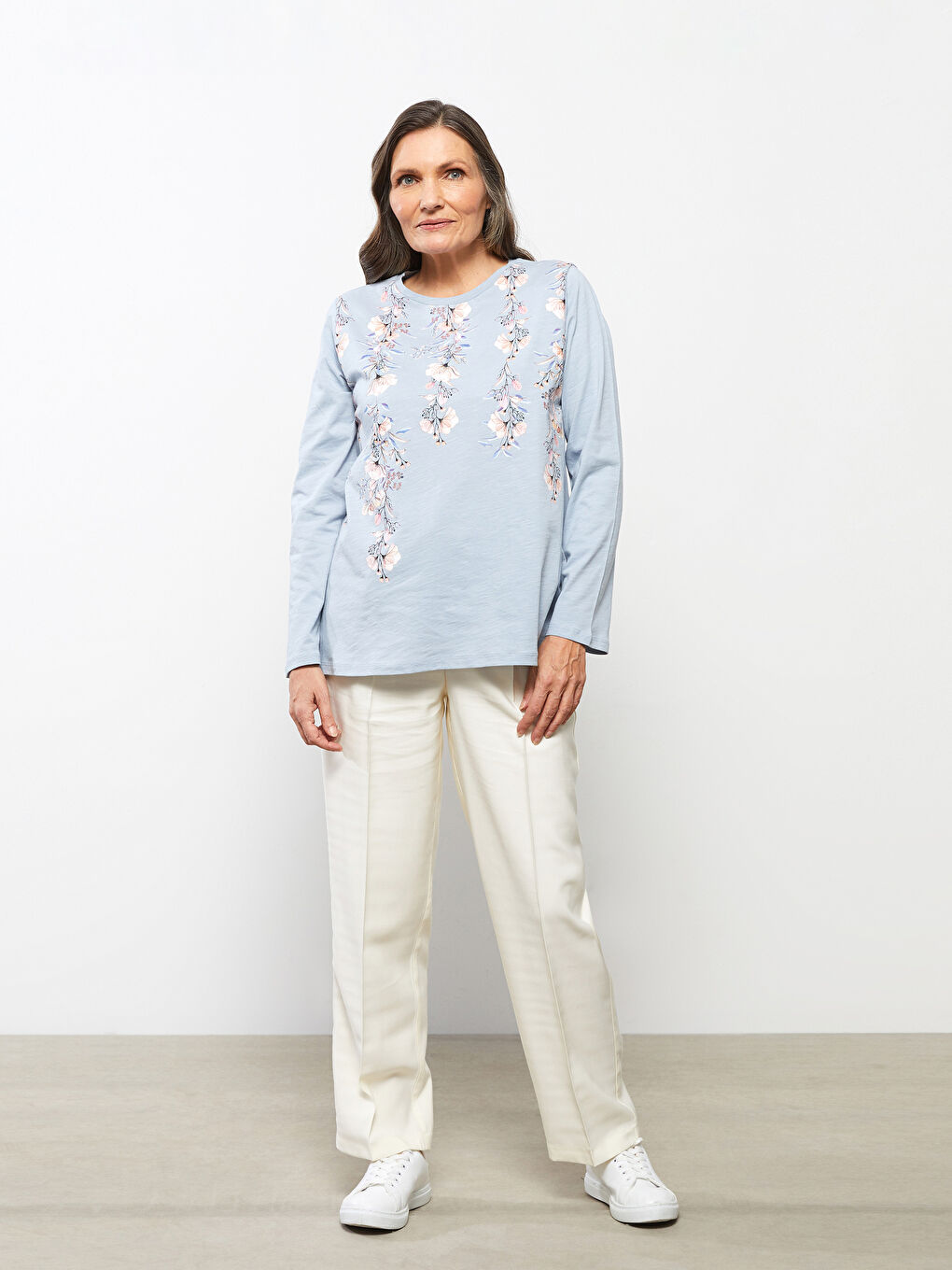 Mavi Bisiklet Yaka Çiçekli Uzun Kollu Pamuklu Kadın Tişört