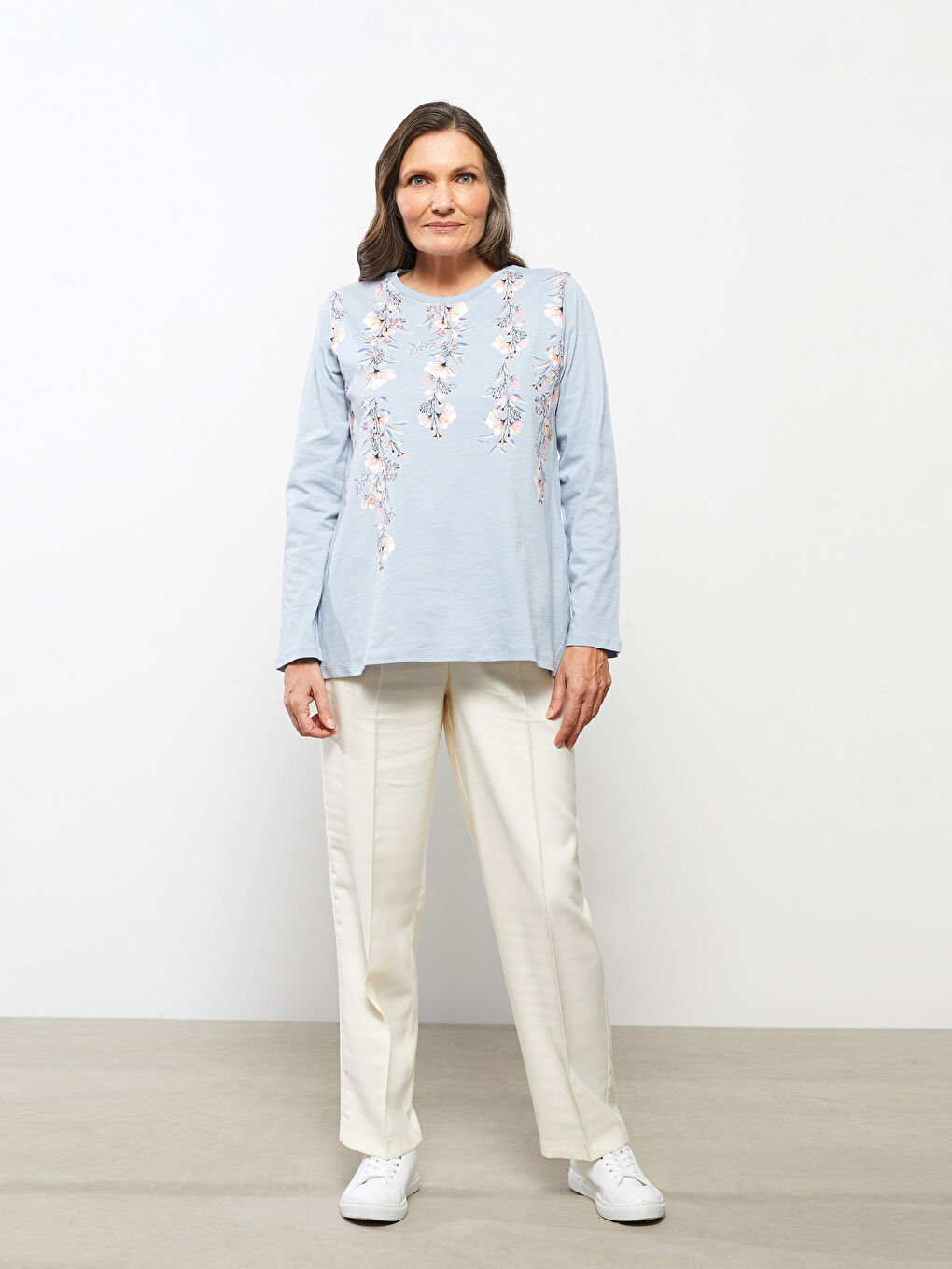 Mavi Bisiklet Yaka Çiçekli Uzun Kollu Pamuklu Kadın Tişört-1