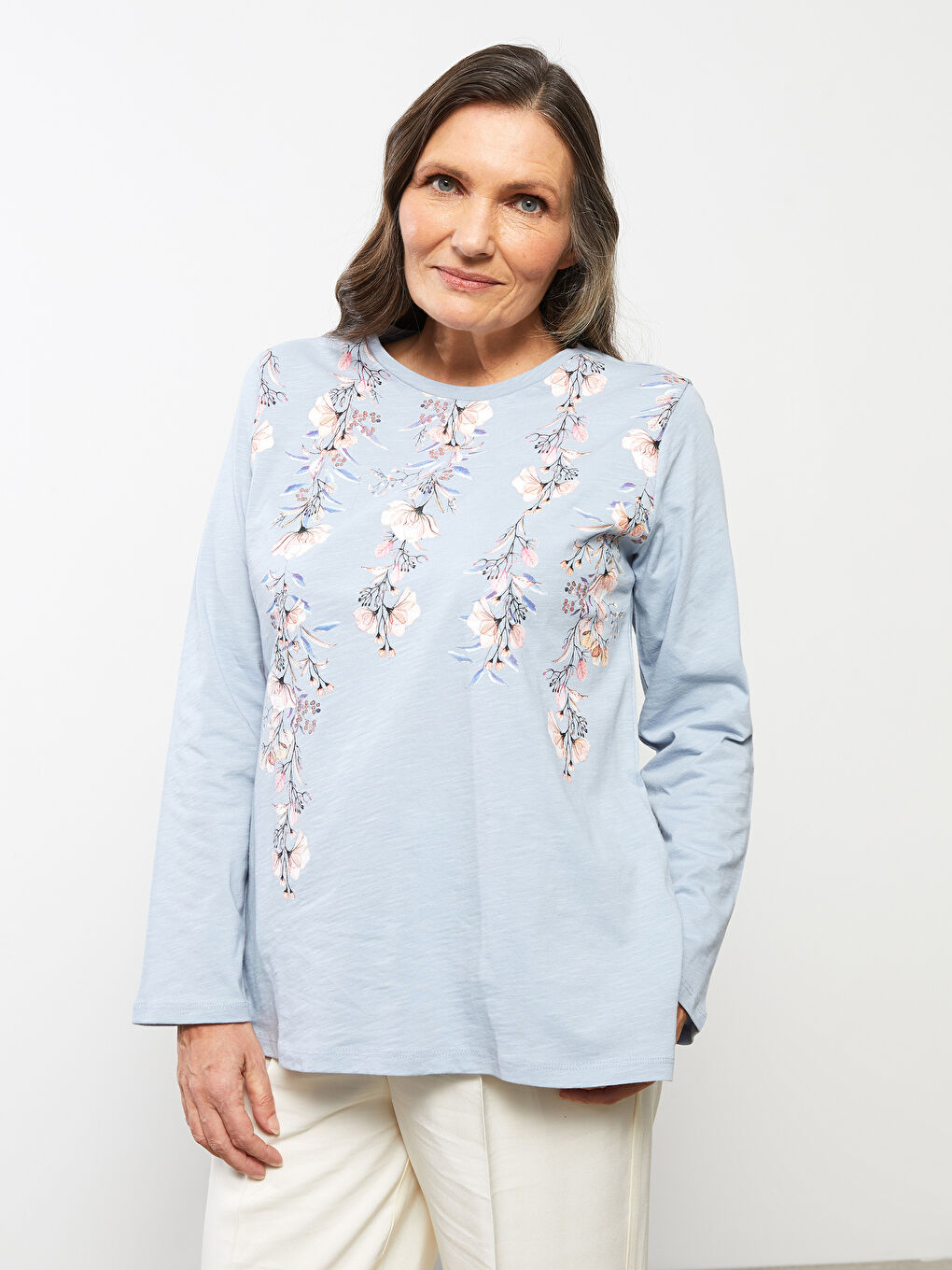 Mavi Bisiklet Yaka Çiçekli Uzun Kollu Pamuklu Kadın Tişört-2